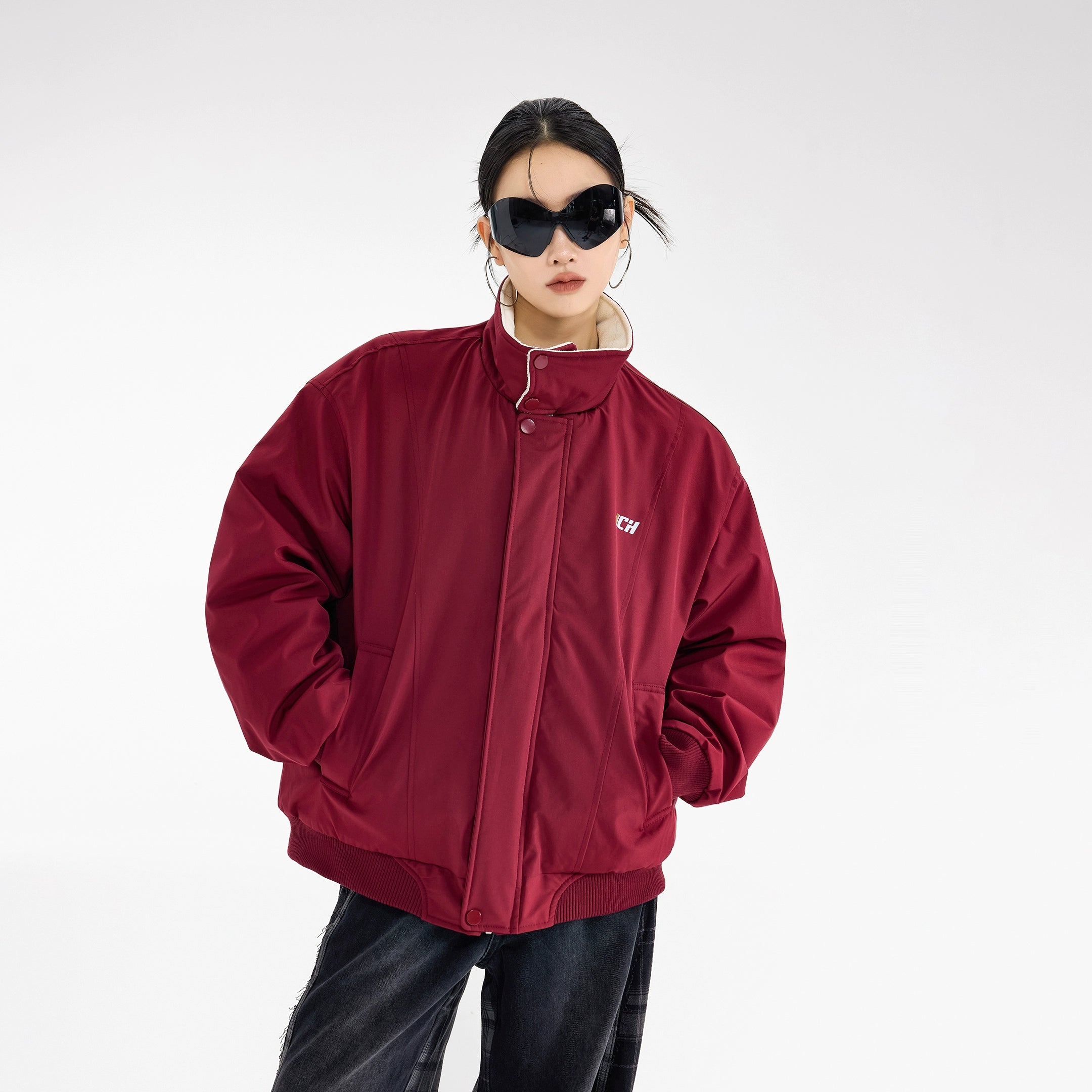 ICH MODE 美式复古撞色立领棉服女2025新款冬季运动开衫上衣外套