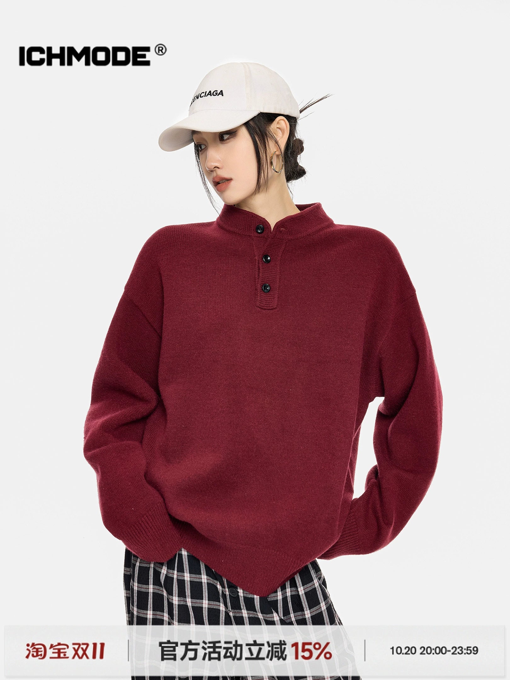 ICH MODE 美式复古亨利领毛衣女秋冬季宽松针织衫慵懒套头毛线衣