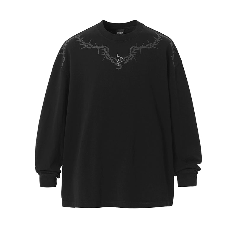 【邓为同款】JHYQ荆棘印花重磅320g水洗美式长袖t恤男宽松卫衣男
