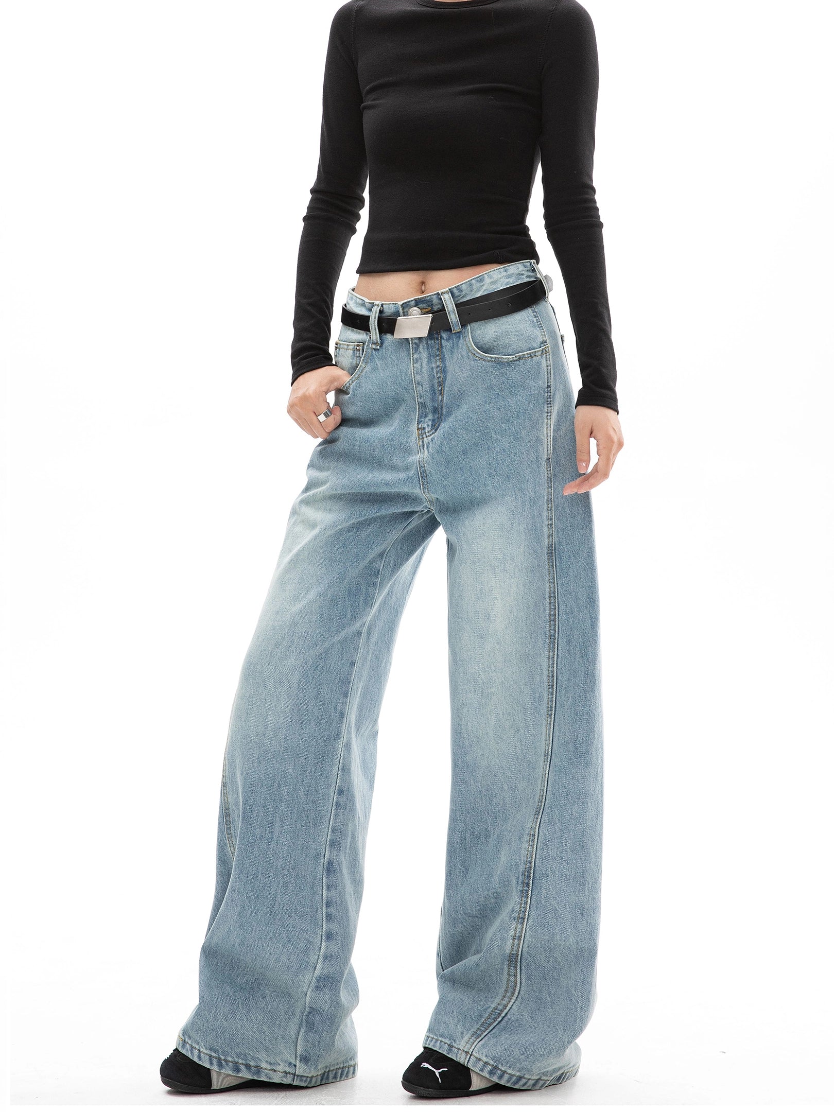 ICH MODE 美式复古水洗直筒牛仔裤女夏季阔腿弯刀裤百搭休闲长裤