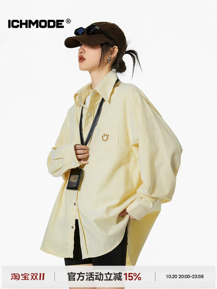 ICH MODE 美式复古条纹衬衫女秋2025新款宽松流行衬衣外套上衣