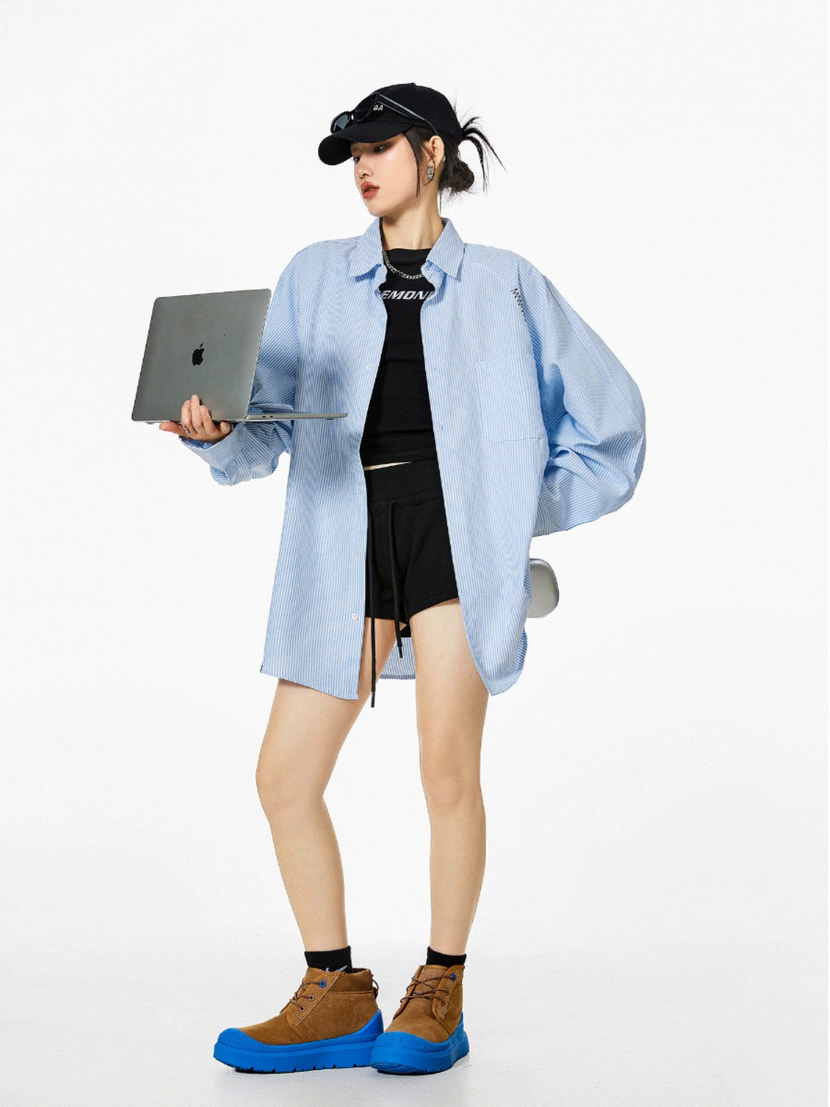 ICH MODE 美式复古条纹蓝色衬衫女秋2025新款宽松衬衣外套上衣