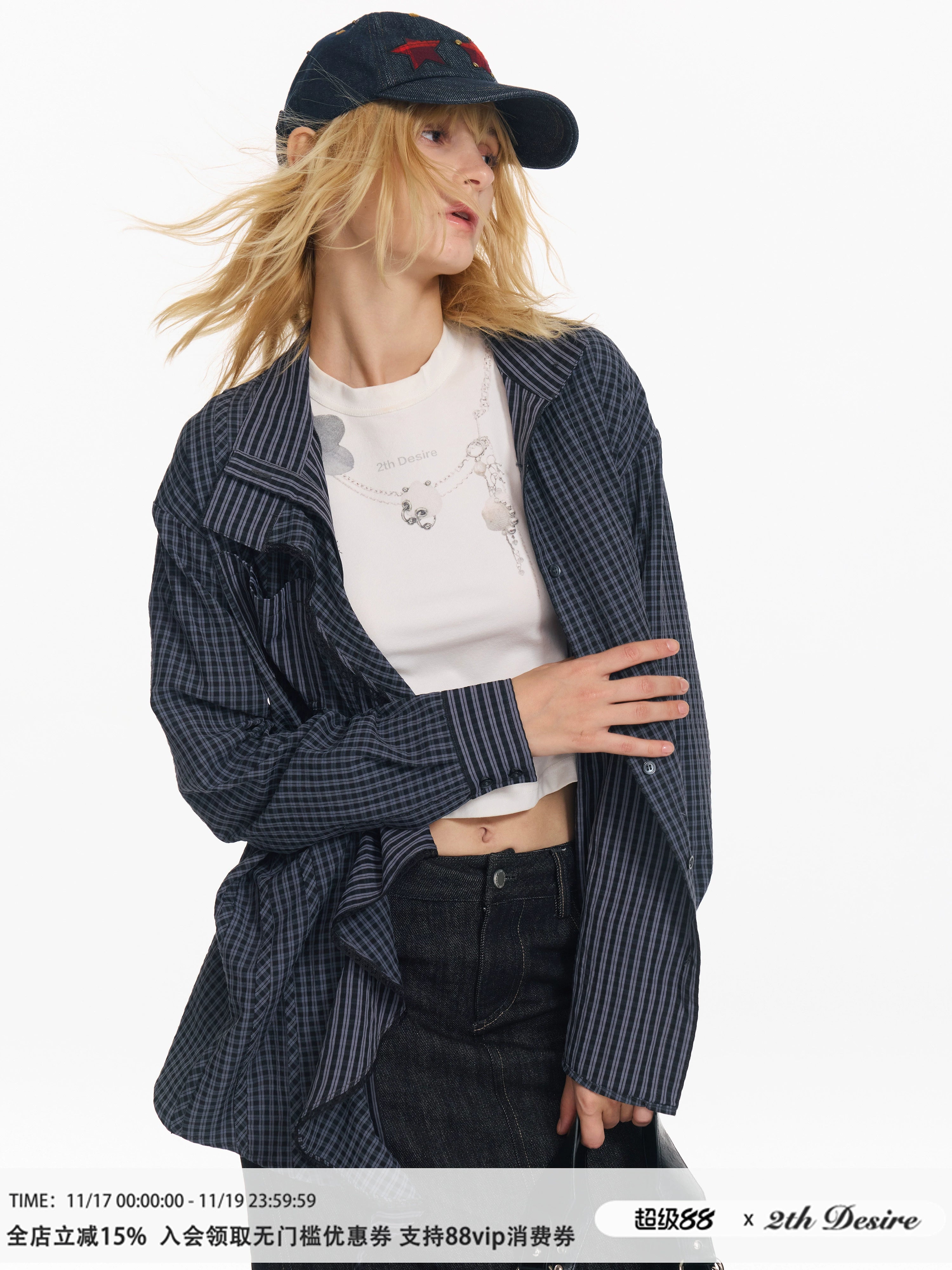 2th Desire 镂空绣花格纹不规则设计荷叶边宽松可收腰松弛感衬衫