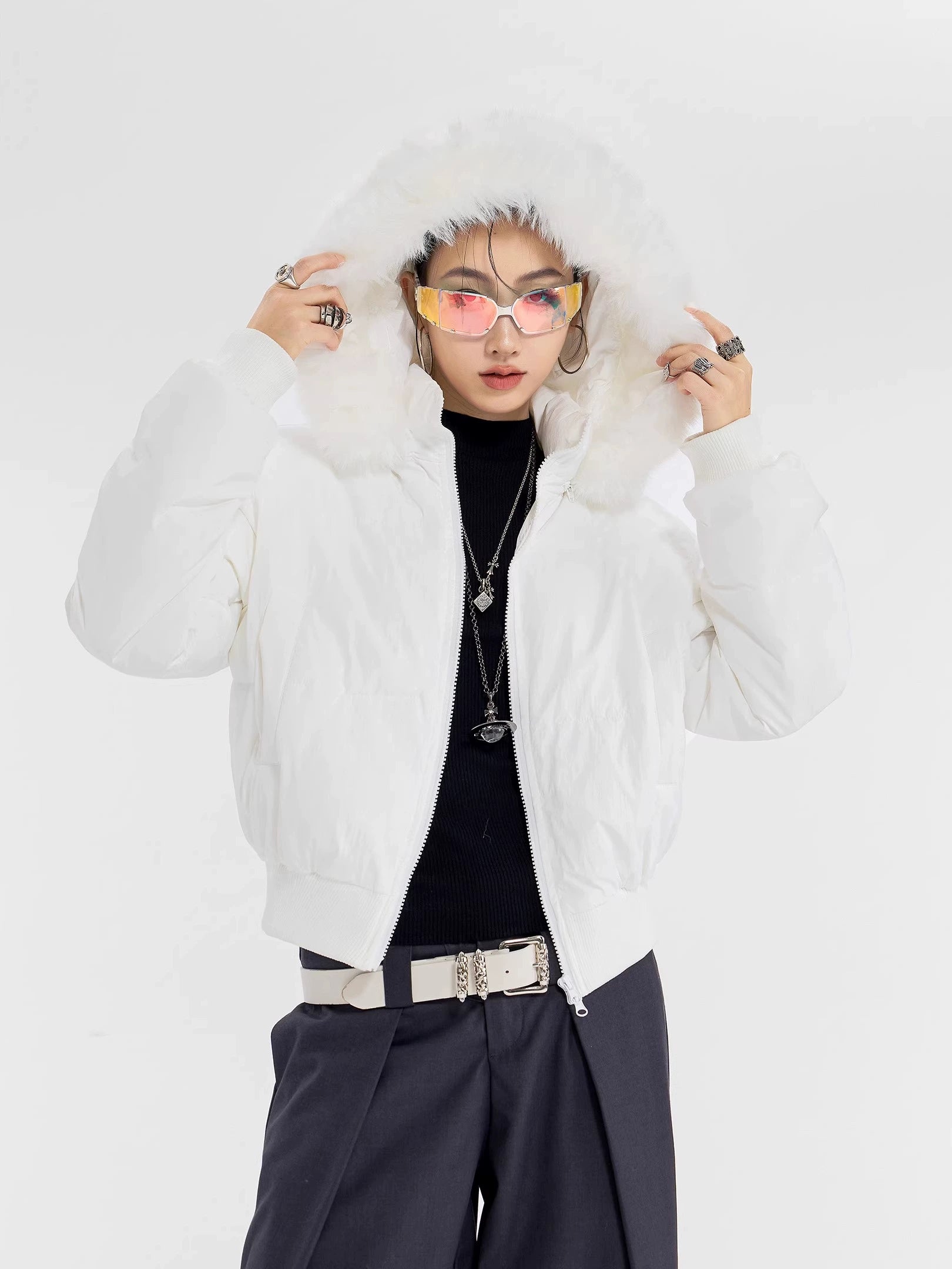 ICH MODE 美式复古大毛领连帽棉服女2025新款秋冬季修身开衫棉袄