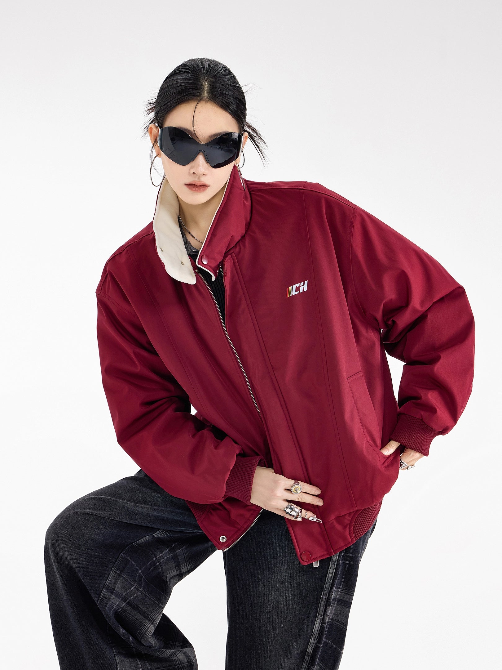 ICH MODE 美式复古撞色立领棉服女2025新款冬季运动开衫上衣外套