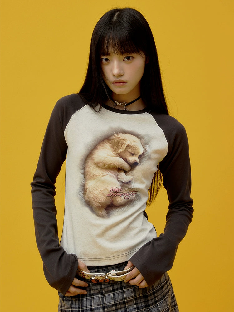 “瞌睡小狗”| eeee温柔风3D打印长袖T恤少女感修身插肩袖打底衫