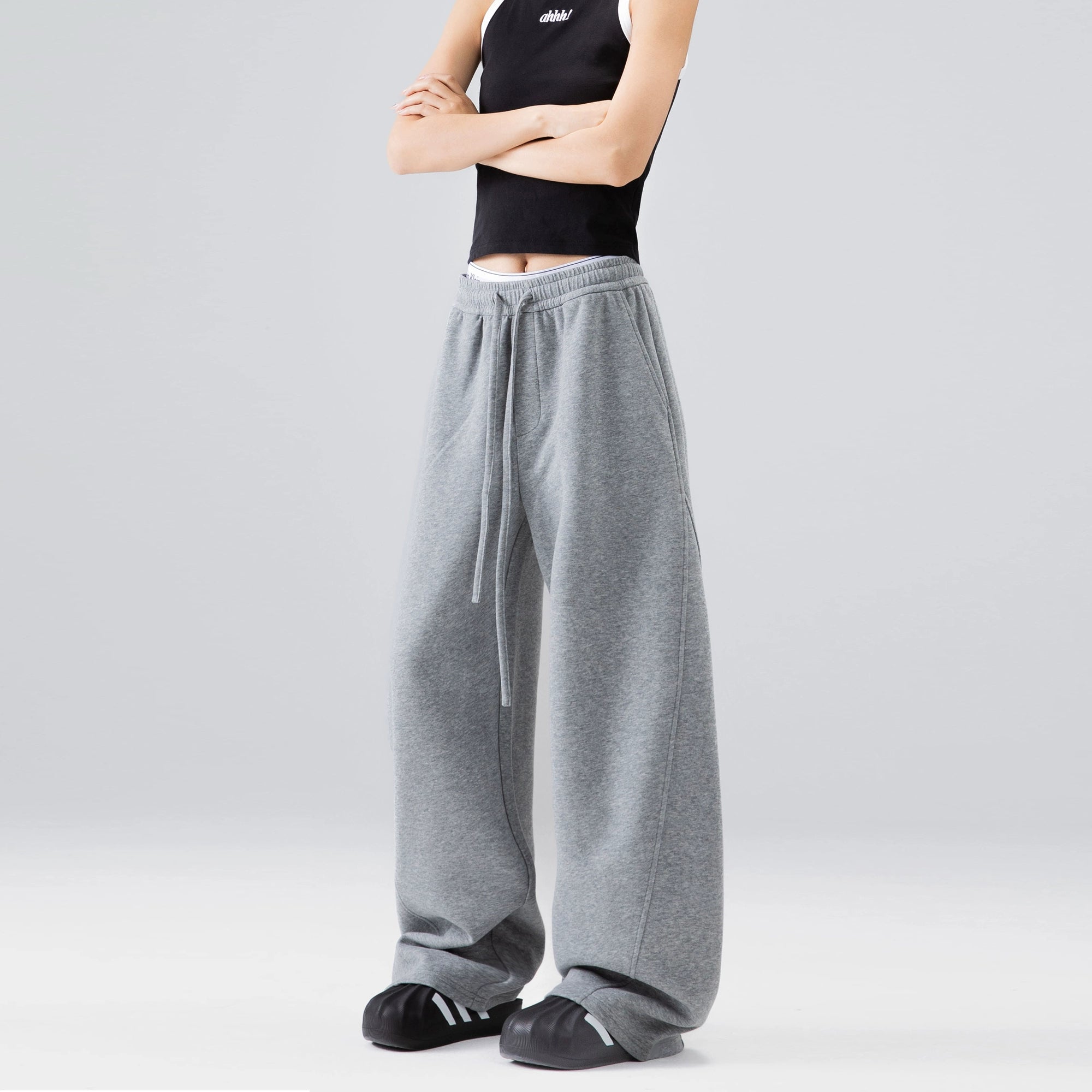 ICH MODE 美式加绒卫裤运动裤女秋冬新款宽松阔腿休闲裤弯刀裤子