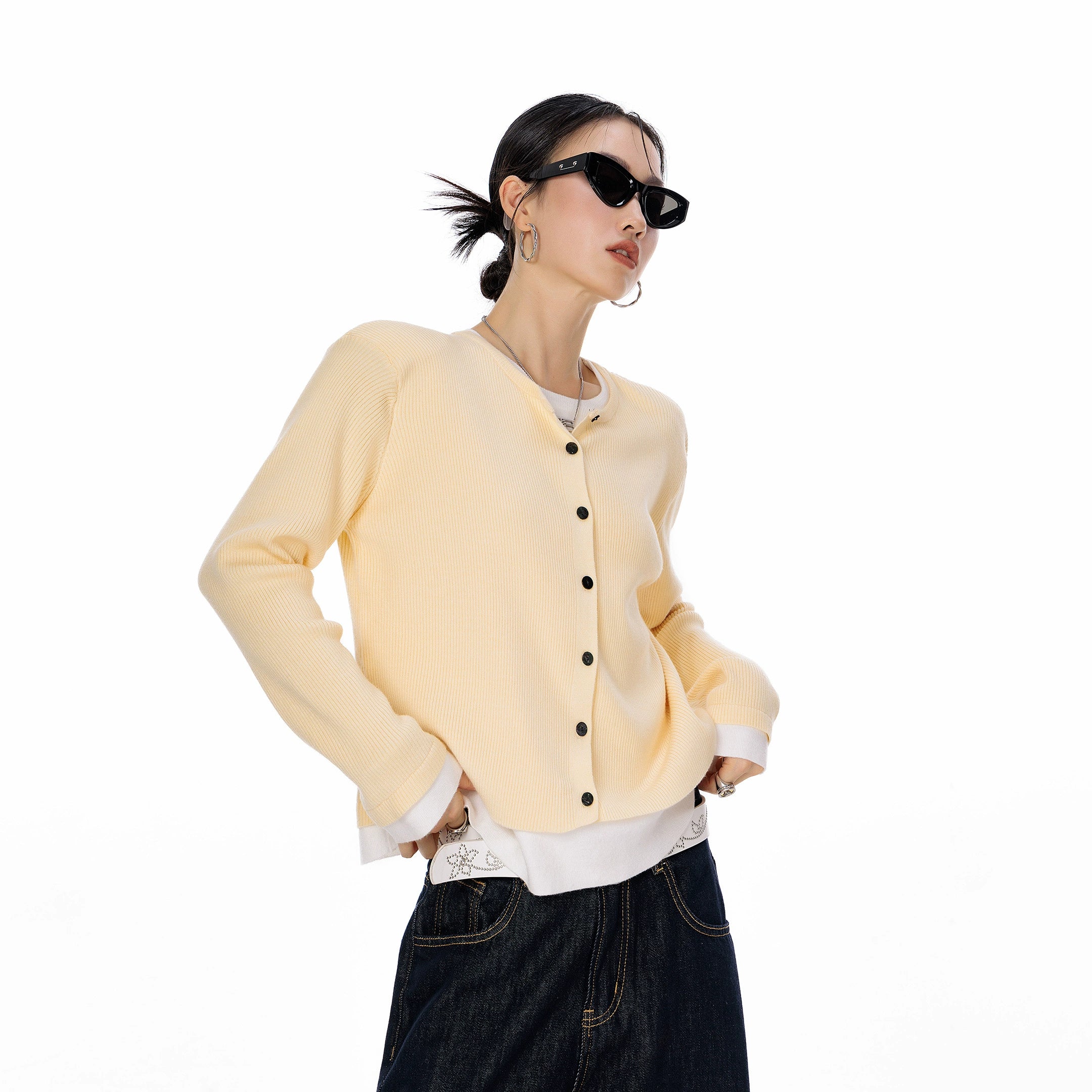 ICH MODE 美式复古修身针织开衫女2025秋冬新款外搭长袖毛衣外套