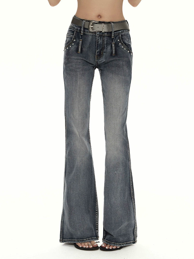 野生zero复古水洗微喇牛仔裤女春秋季辣妹修身显瘦小众设计感裤子