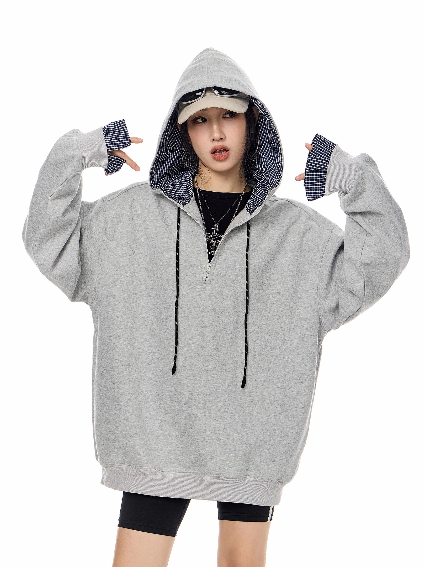 ICH MODE 美式复古格子拼接连帽卫衣女秋冬季半开领运动上衣外套