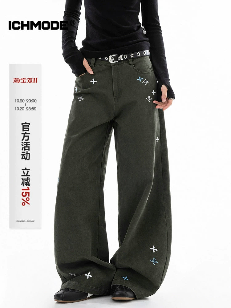 ICH MODE 美式复古刺绣纱卡休闲裤女宽松直筒裤弯刀阔腿裤运动裤