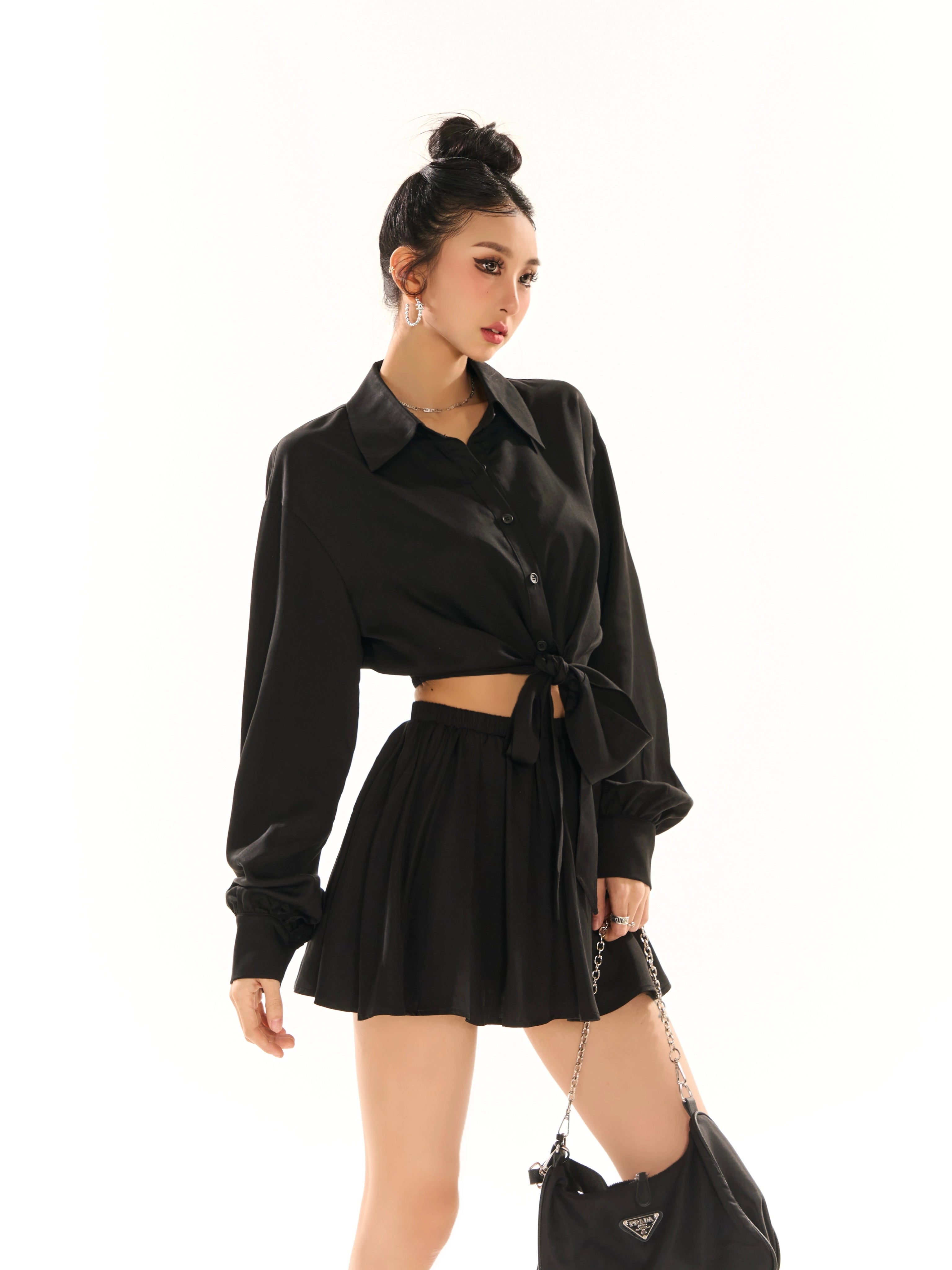 野生zerocircle 辣妹套装女春黑白色宽松长袖绑带衬衫a字半身裙子