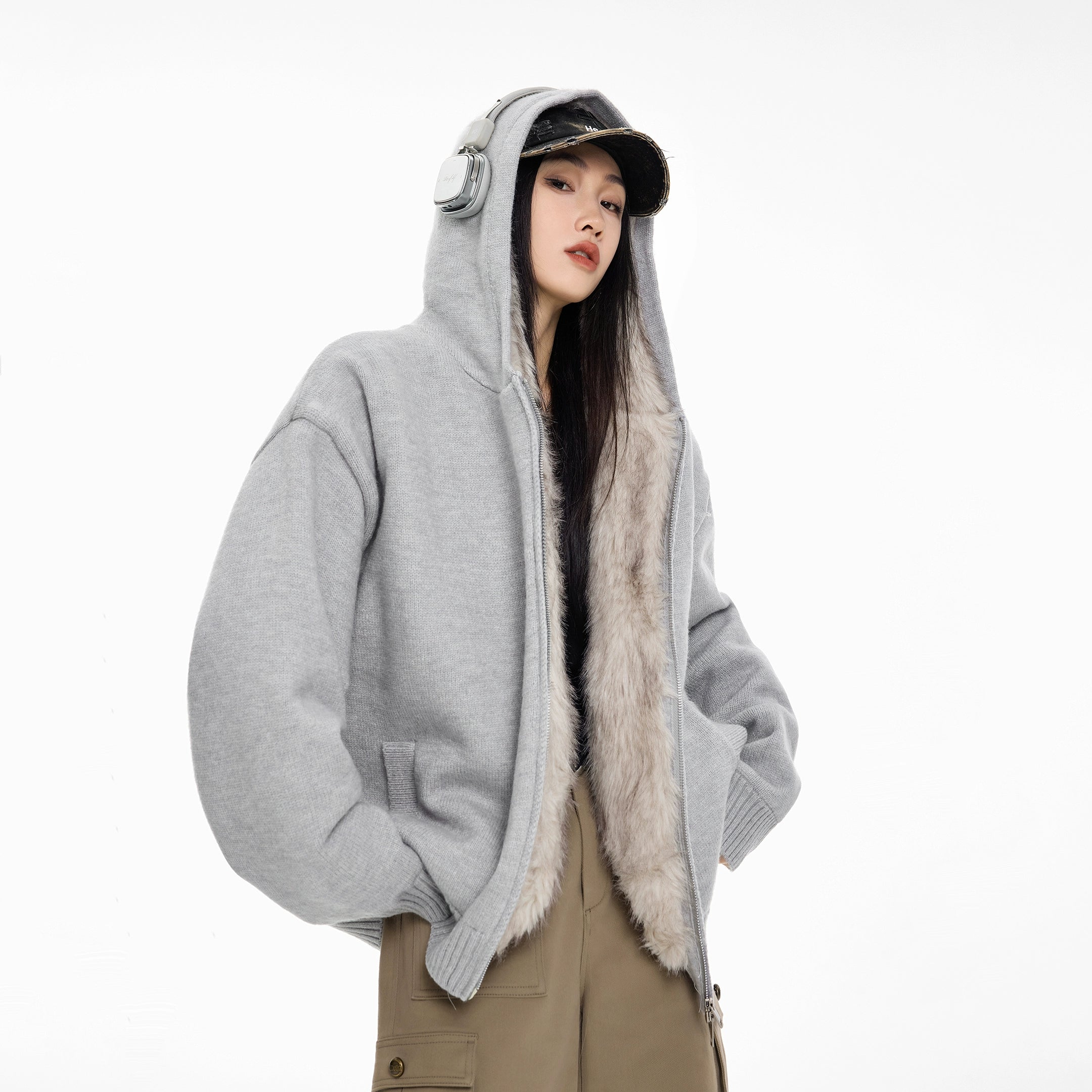 ICH MODE 美式复古座山雕针织开衫棉服女秋冬季宽松加厚棉衣外套