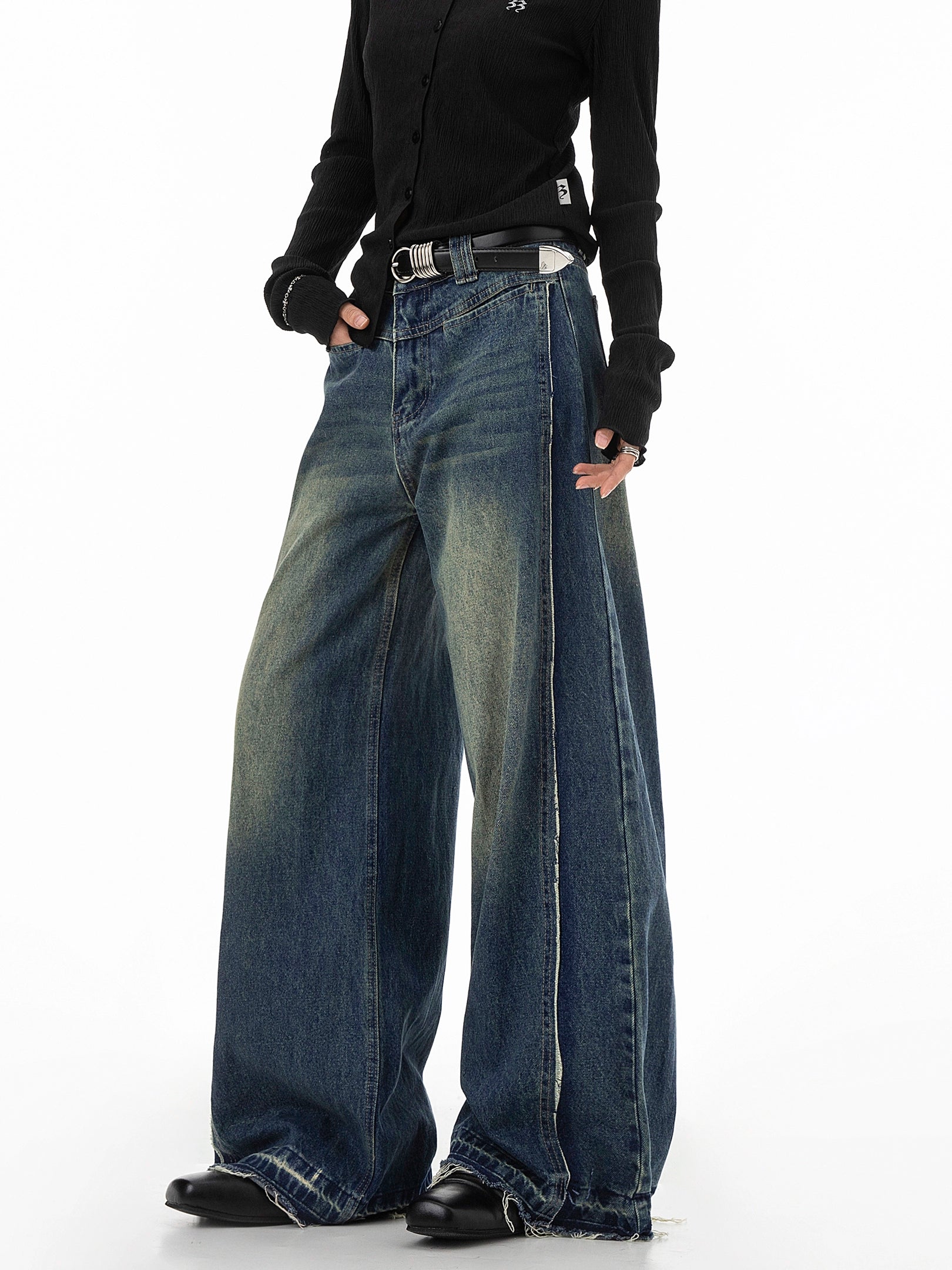 ICH MODE 美式复古做旧解构牛仔裤女宽松直筒裤运动裤休闲阔腿裤