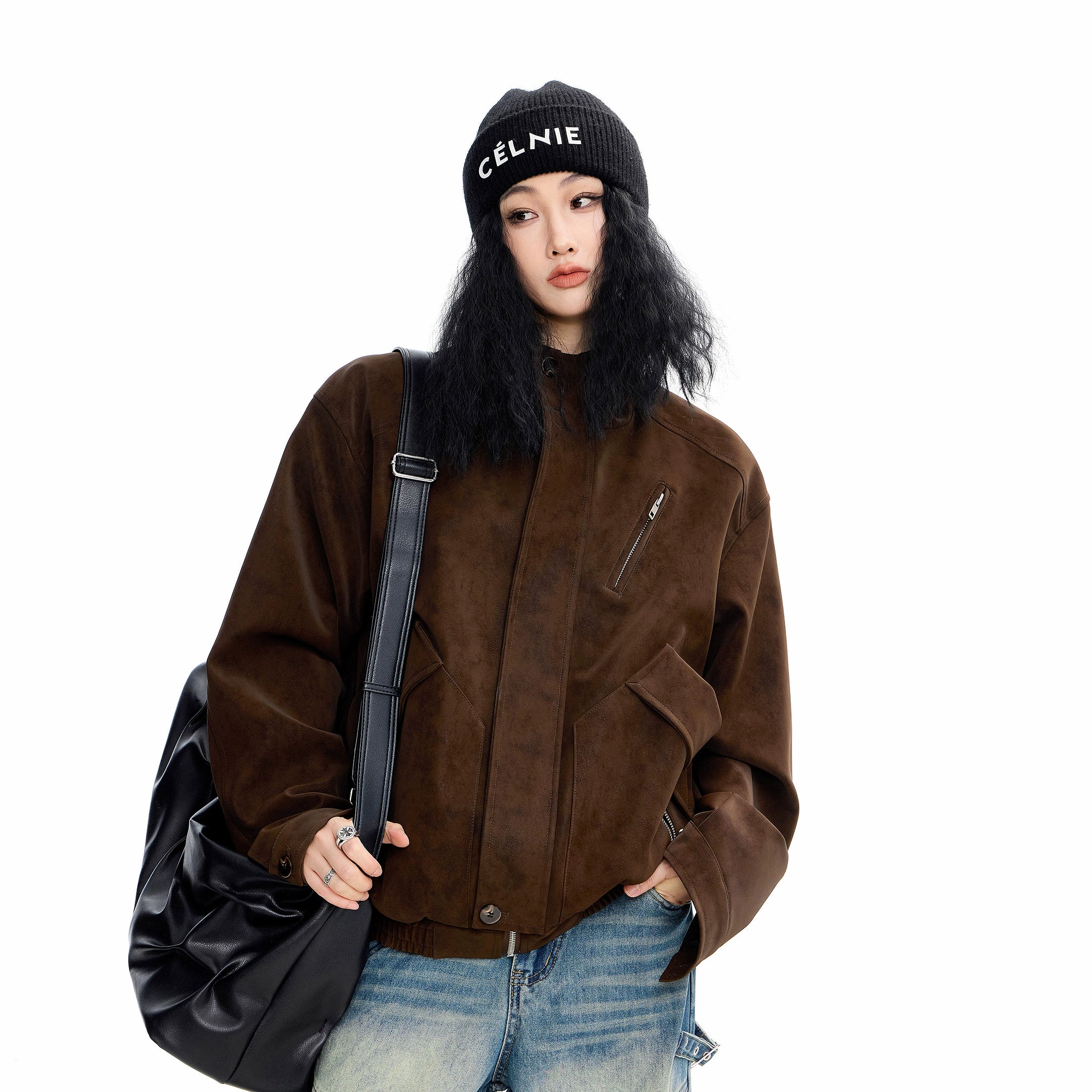 ICH MODE 美式复古工装立领短外套女秋冬新款飞行员夹克宽松上衣