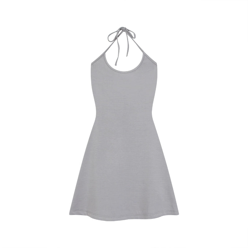 野生zero 黑灰色挂脖吊带a字露背连衣裙女夏季辣妹修身显瘦短裙子