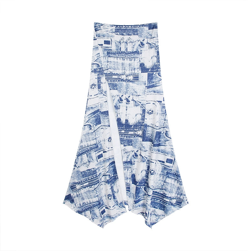 野生zero 印花开叉长裙女夏季低腰a字显瘦设计感小众辣妹鱼尾裙子