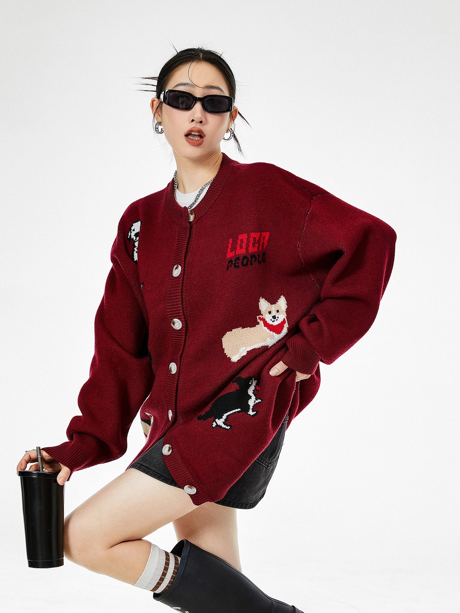 ICH MODE 美式复古小狗毛针织开衫女秋冬慵懒高级感休闲毛衣外套