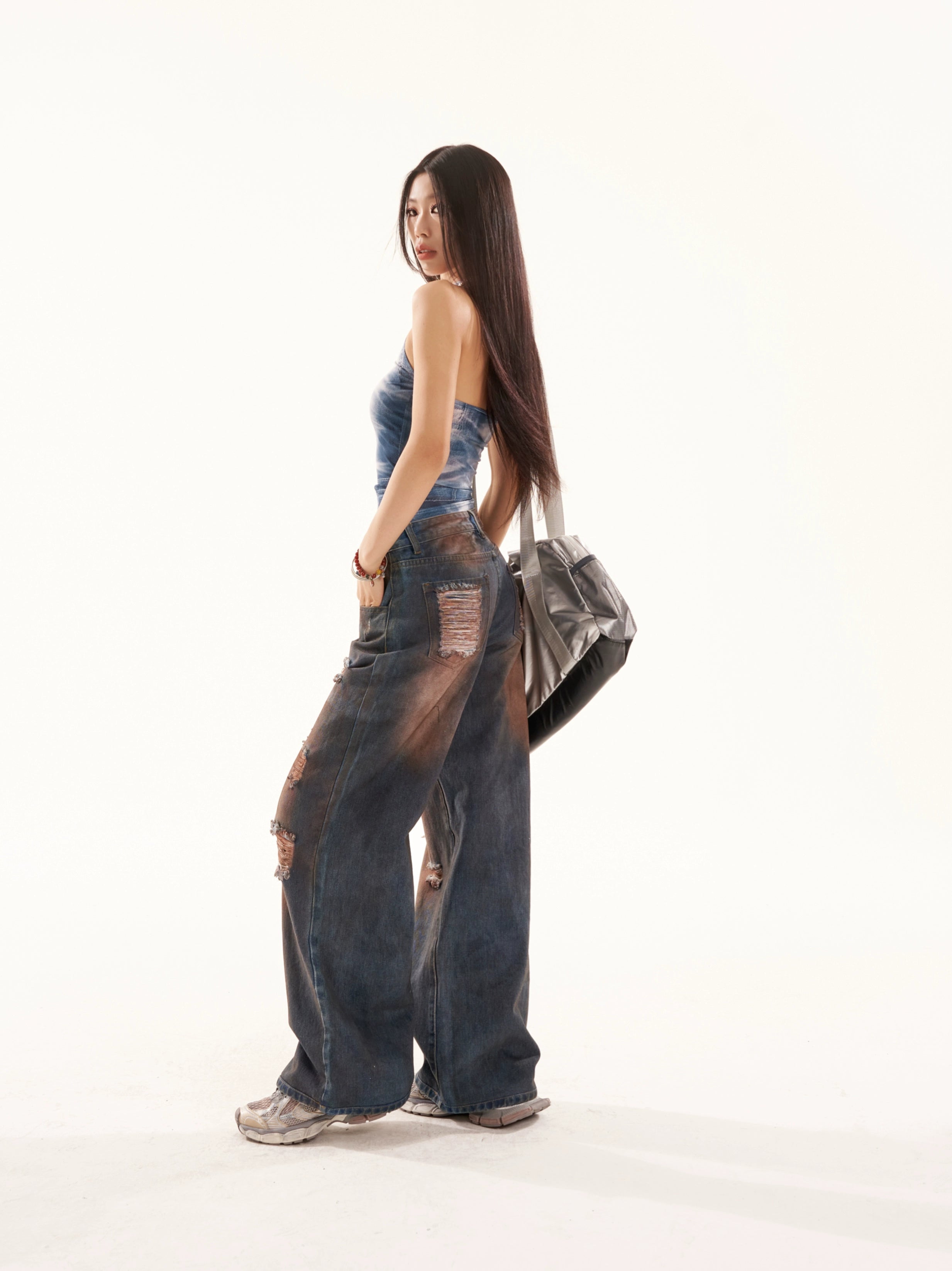 野生zero复古水洗破洞牛仔裤女夏设计感高街显瘦阔腿宽松直筒裤子