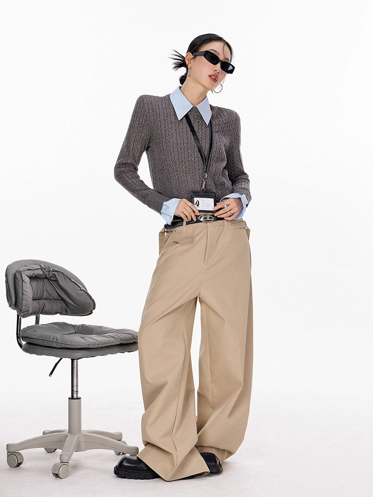 ICH MODE 美式复古假两件毛针织衫女2025秋冬新款衬衫领套头毛衣