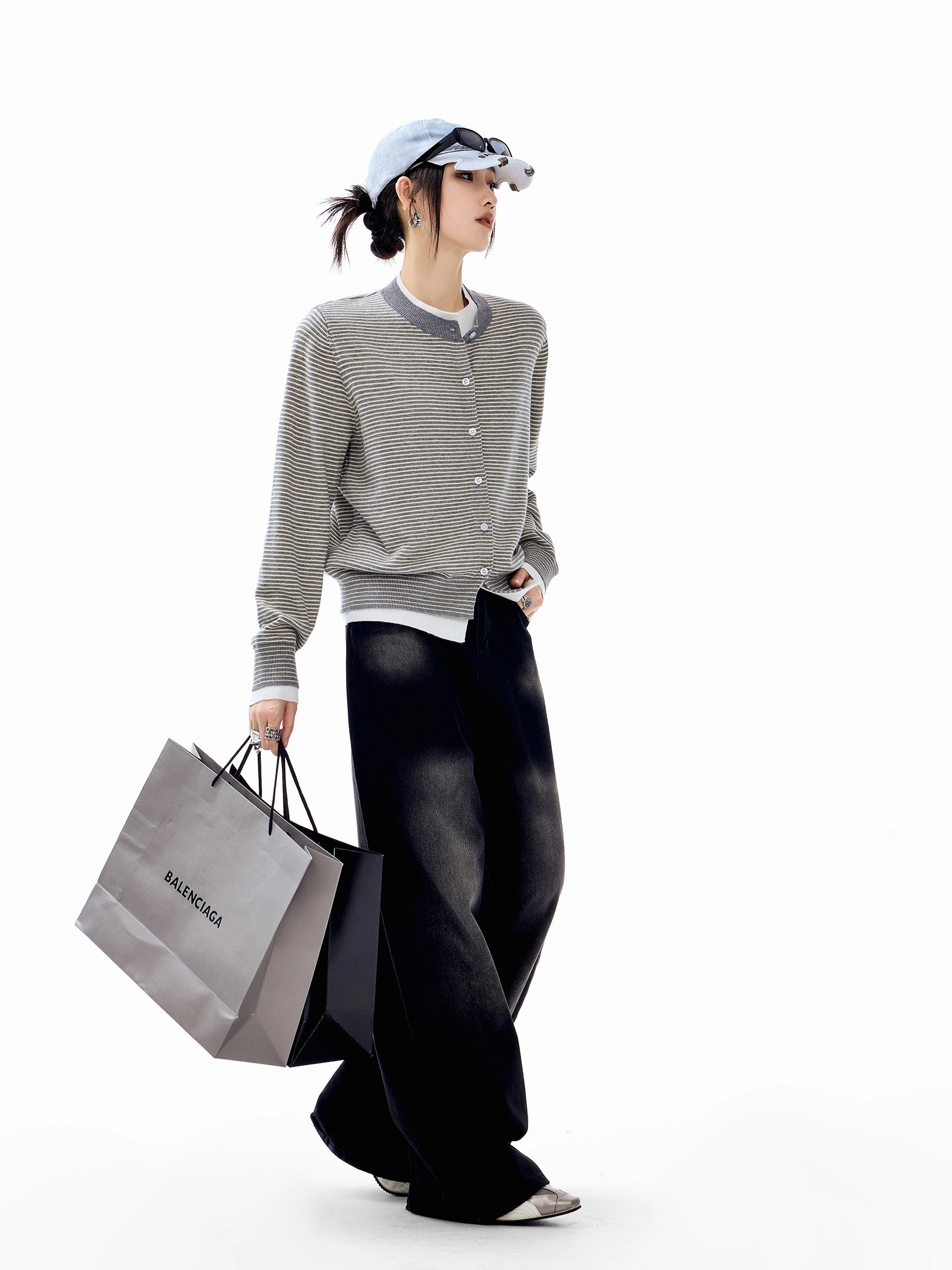 ICH MODE 美式假两件撞色条纹针织开衫女秋冬季短款修身毛衣外套