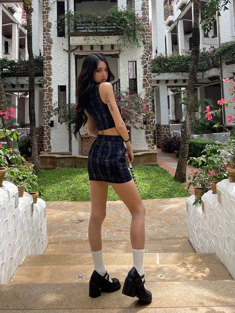 野生zero 蓝色小香套装女夏季外穿短款吊带背心格子a字半身短裙子