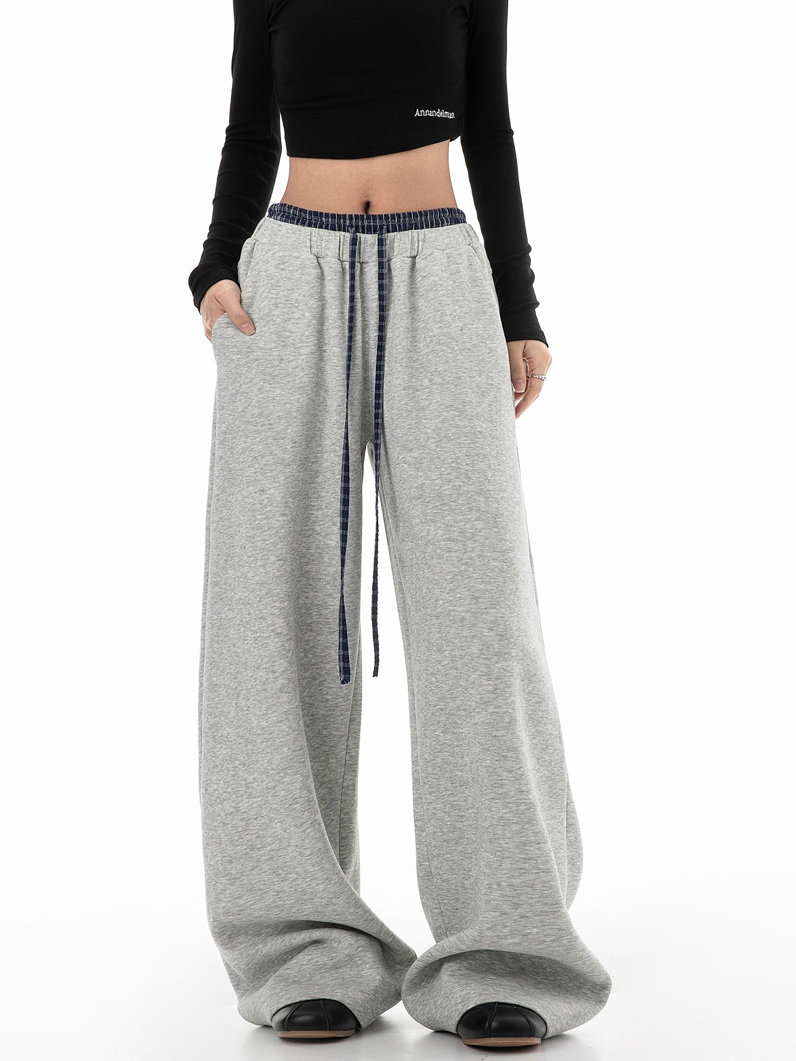 ICH MODE 美式复古格子拼接休闲裤女宽松直筒运动裤百搭阔腿卫裤