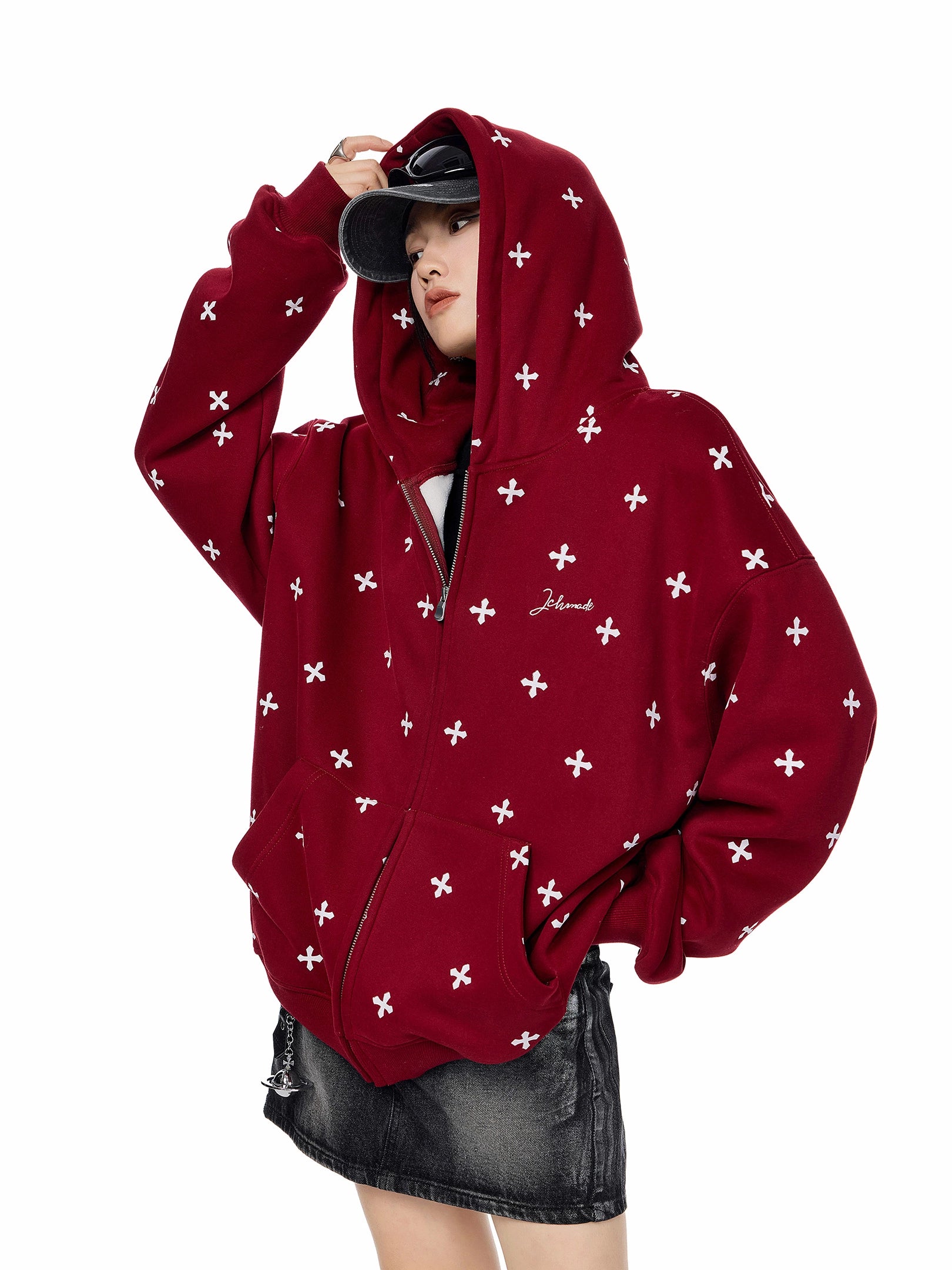 ICH MODE 美式复古满印十字架连帽卫衣外套女秋冬季拉链上衣开衫