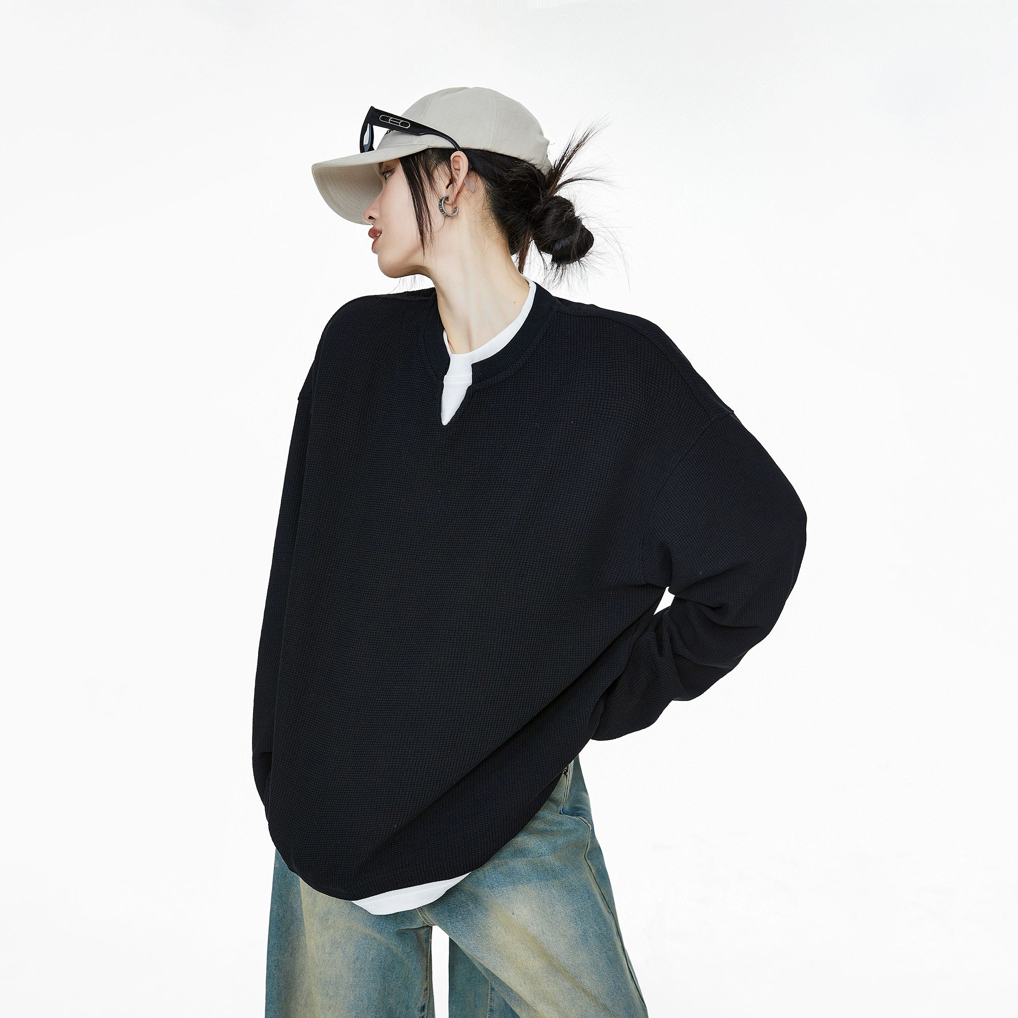 ICH MODE 美式复古假两件华夫格卫衣女秋冬宽松长袖休闲上衣外套