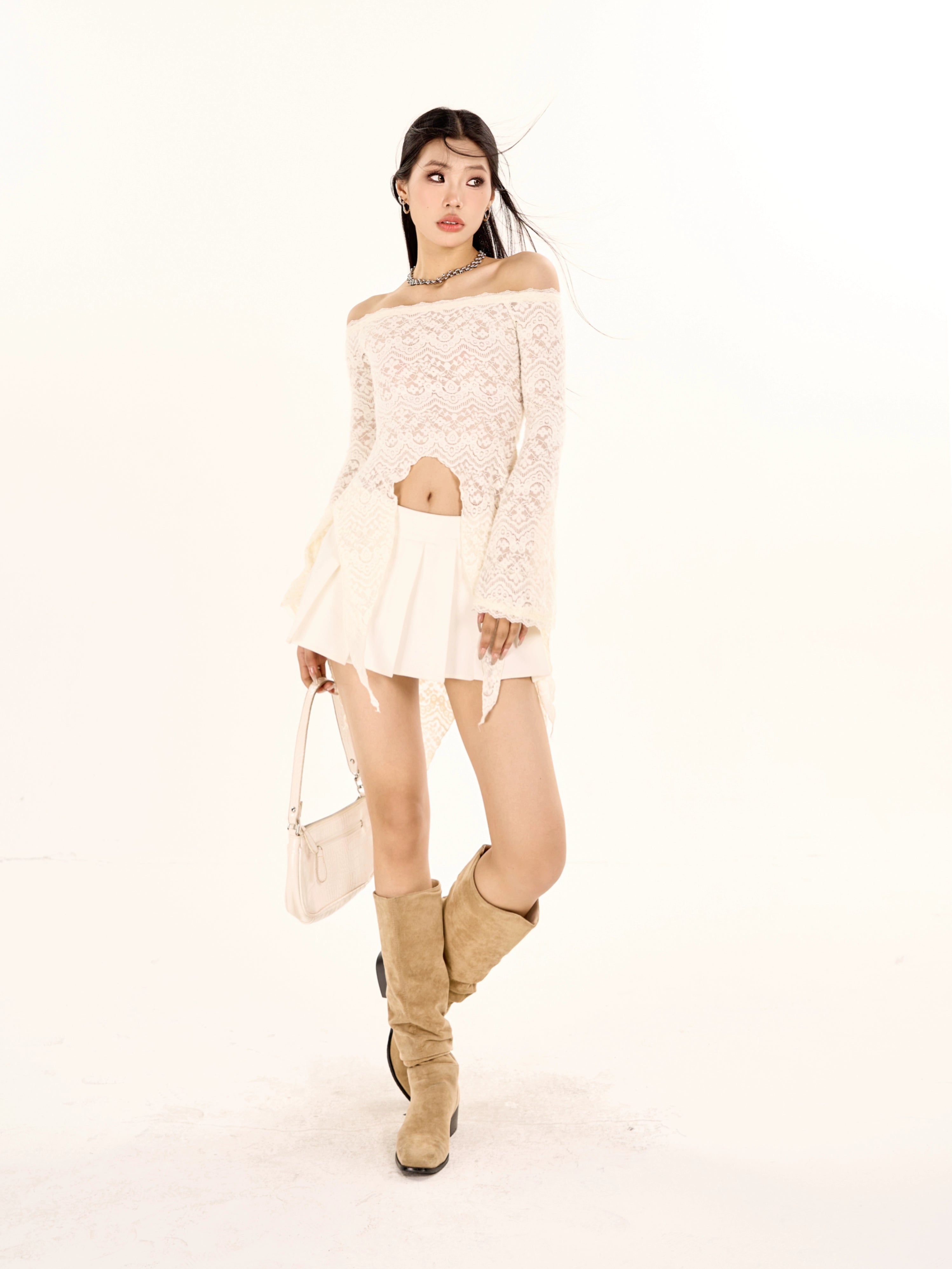 野生zerocircle黑色中长款修身蕾丝衫女春季辣妹喇叭袖一字肩上衣