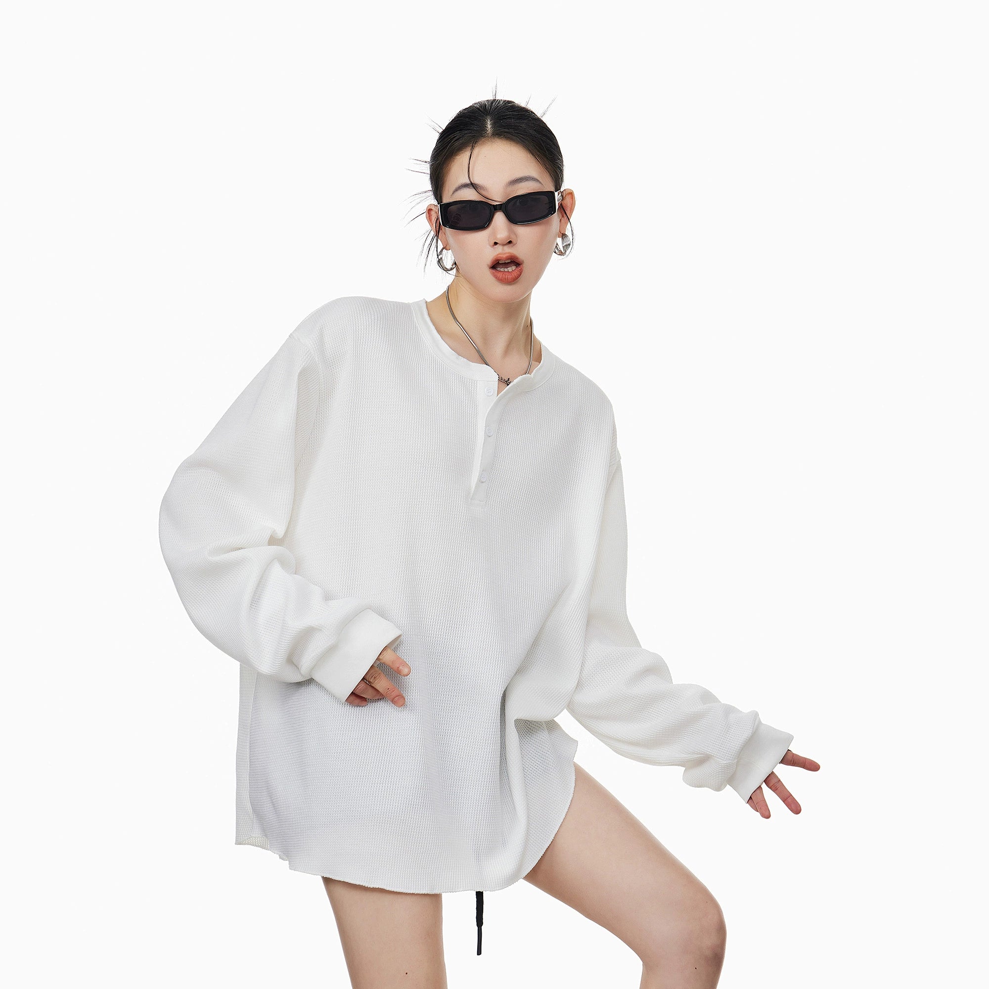 ICH MODE 美式亨利领长袖T恤女2025年夏季新款华夫格宽松休闲罩衫