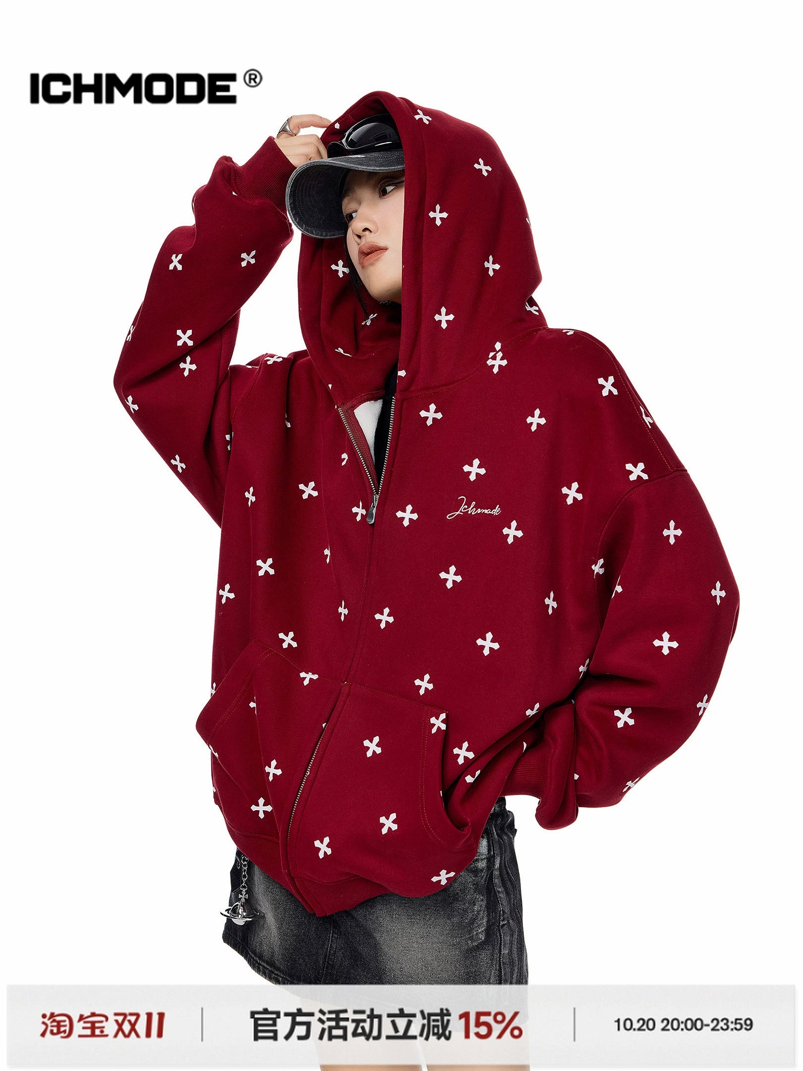 ICH MODE 美式哥特风十字架满印连帽卫衣外套女秋冬拉链开衫上衣