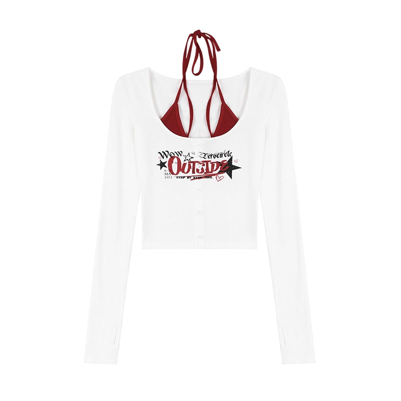 野生zero 撞色正肩长袖t恤女春夏辣妹修身显瘦印花假两件短款上衣