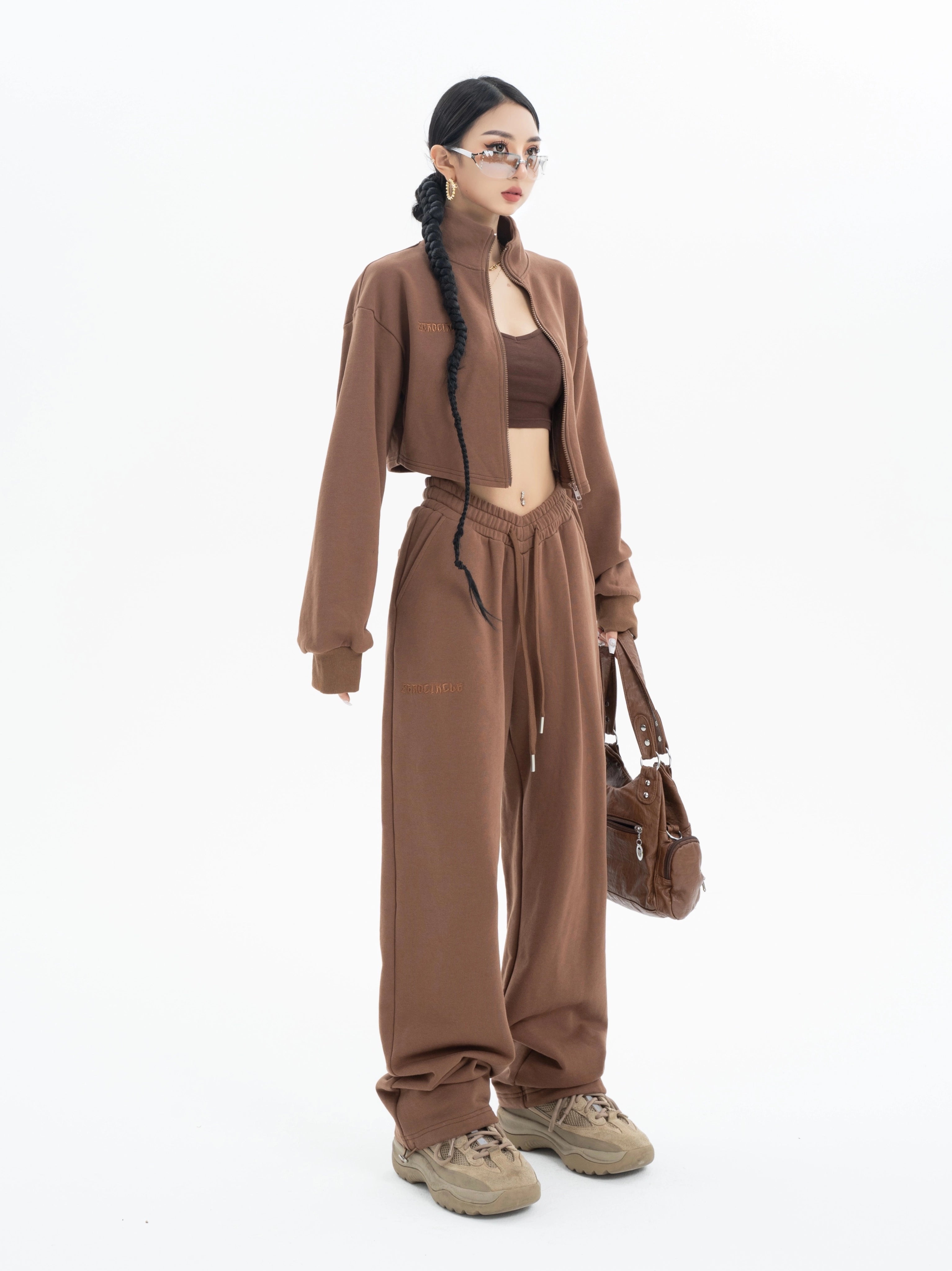 野生zerocircle咖色短款卫衣套装女春季外套显瘦宽松运动休闲裤子