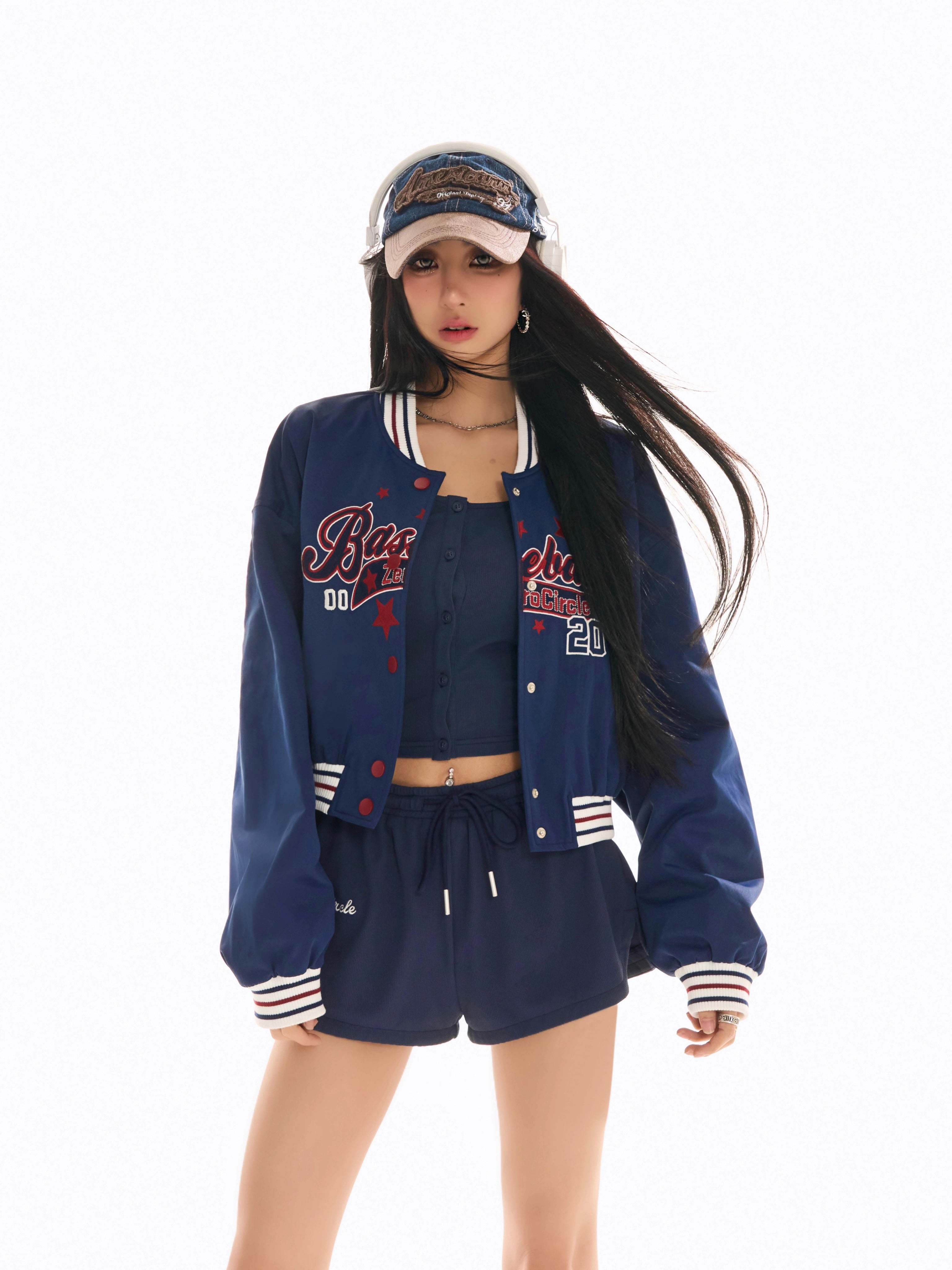 野生zerocircle短款棒球服女春季美式复古小众宽松设计感蓝色外套