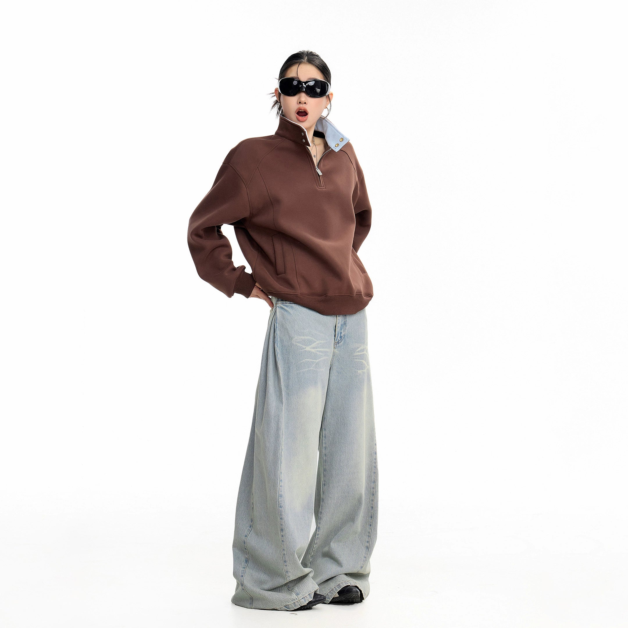 ICH MODE 美式复古撞色立领卫衣女2025新款秋冬季半拉链上衣外套