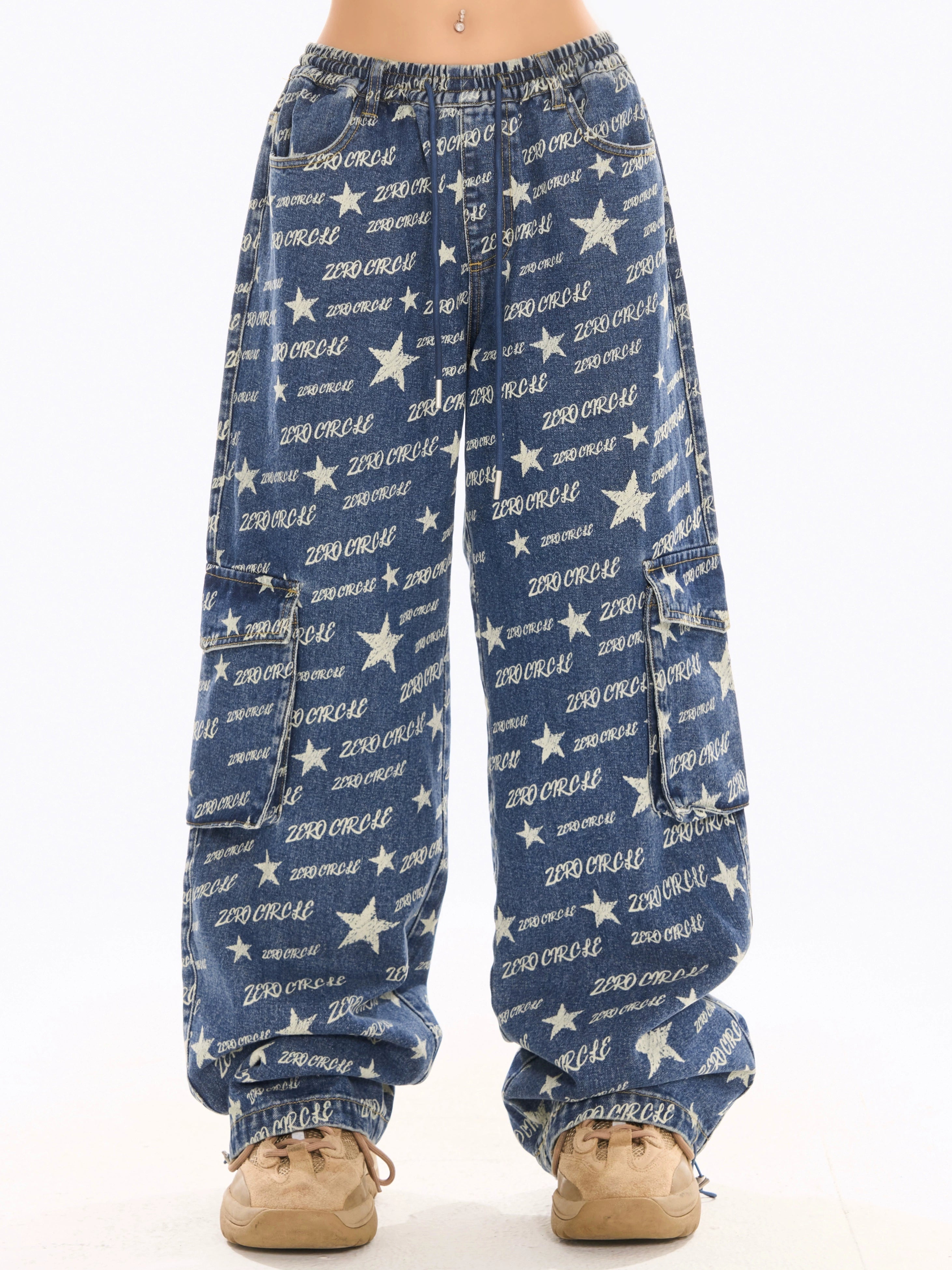 野生zerocircle印花松紧腰牛仔裤女春设计感显瘦宽松直筒阔腿裤子