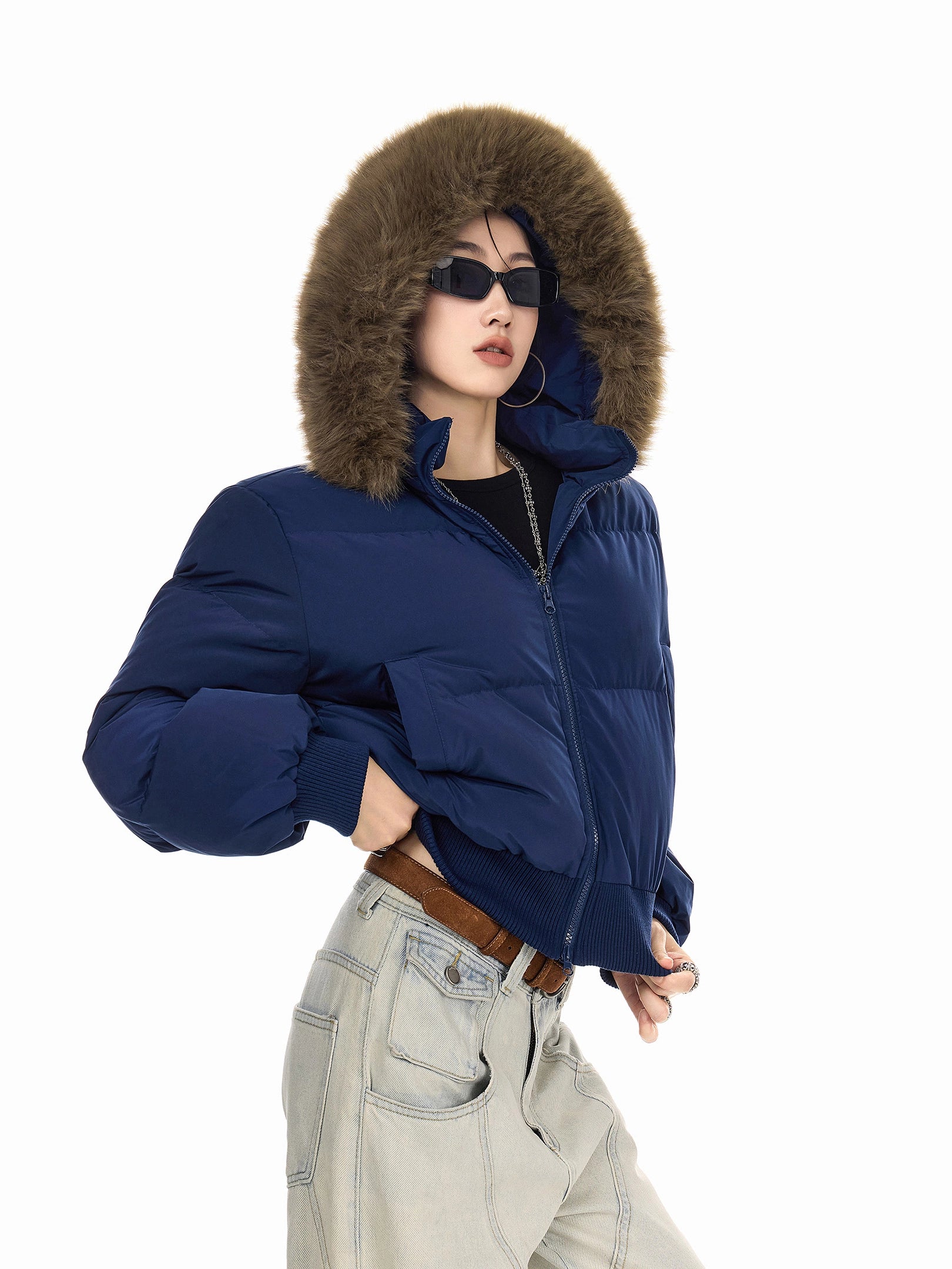 ICH MODE 美式复古大毛领短款棉服女秋冬季连帽开衫棉袄修身外套