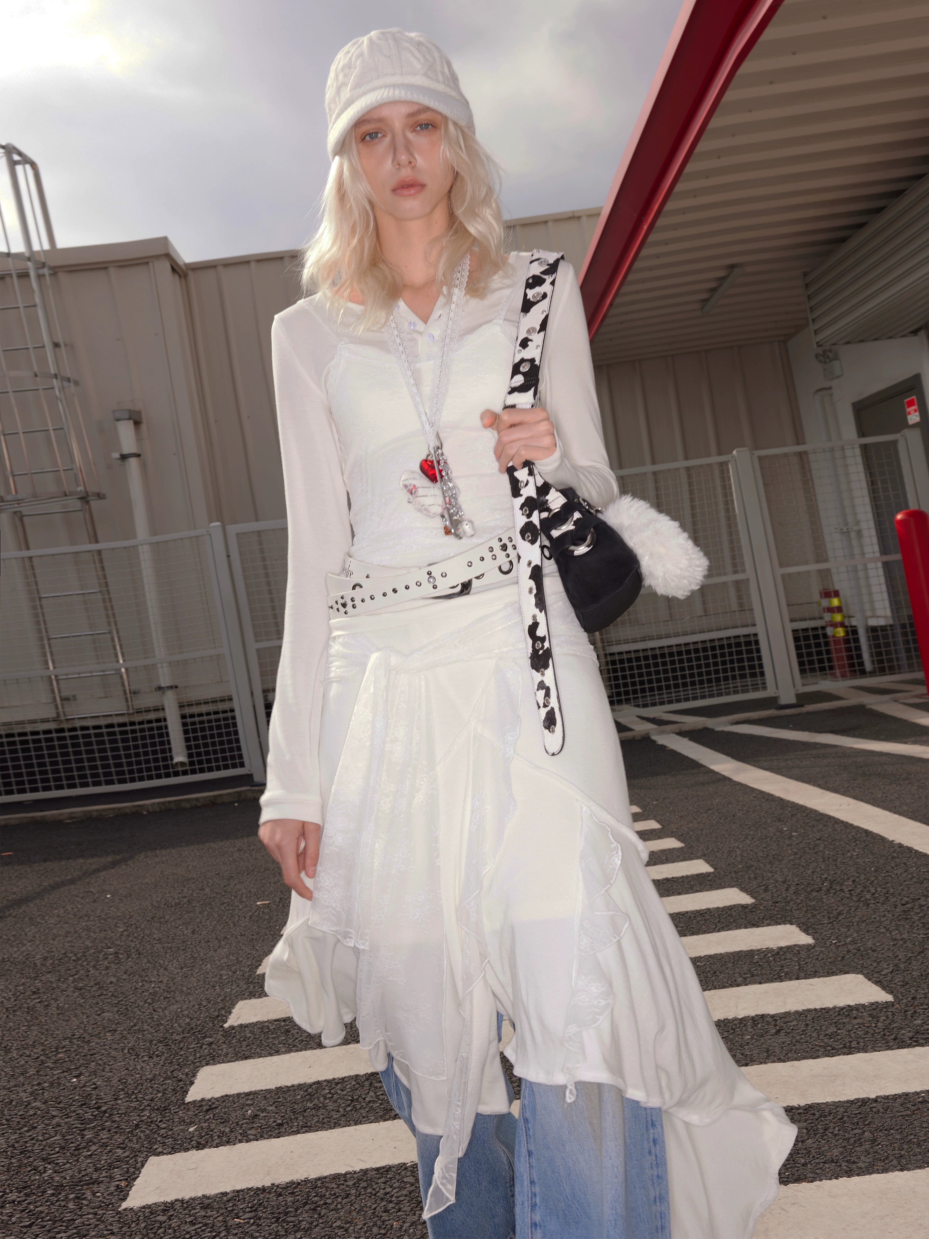 2th Desire羊毛蕾丝拼接绑带垂坠感不规则休闲慵懒显瘦针织半身裙