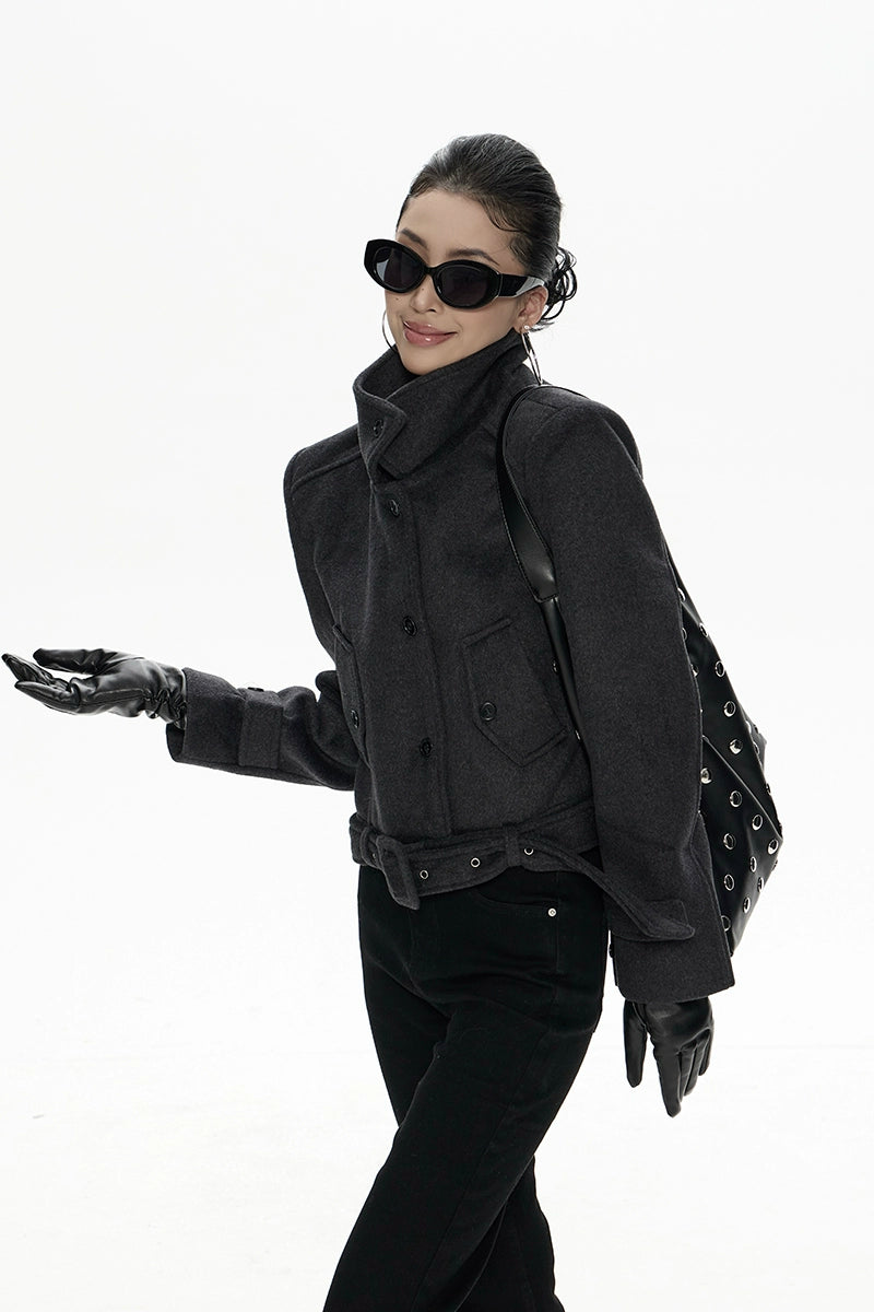 野生zero立领宽松毛呢外套女秋冬新款设计感小众加厚显瘦长袖上衣