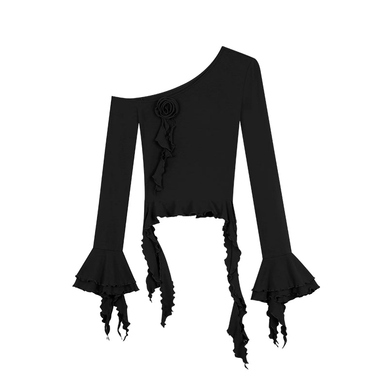 野生zerocircle 黑酒红色斜肩花朵长袖上衣女春夏辣妹修身显瘦t恤