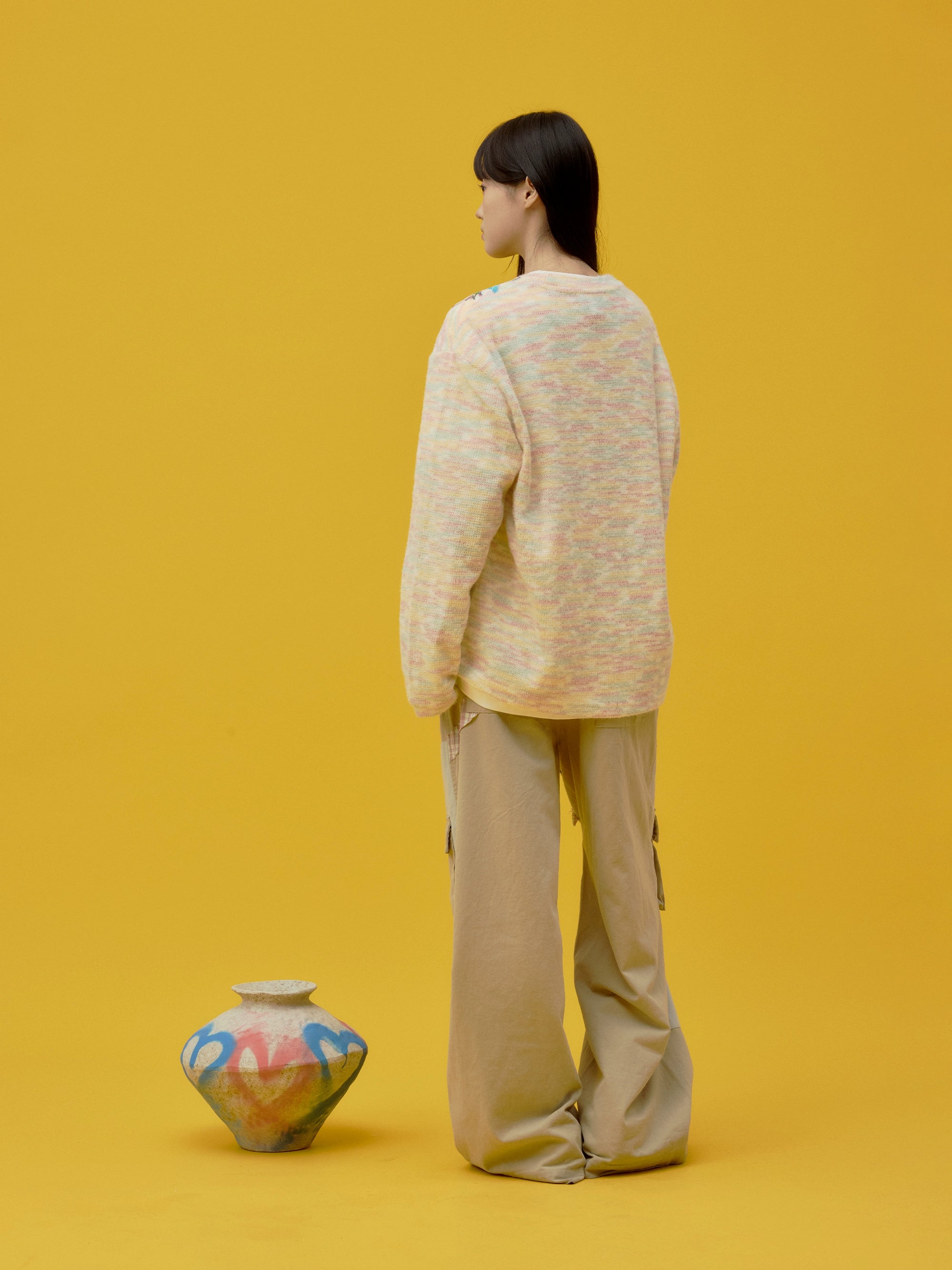 eeeeArtmonster“过肩龙”彩虹色长袖T恤打底上衣圆领套头针织衫