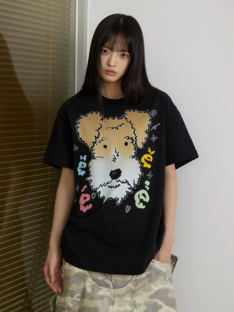 “白雪”|eeee创意刚毛猎狐梗狗狗短袖宽松彩色字母牙刷绣T恤夏