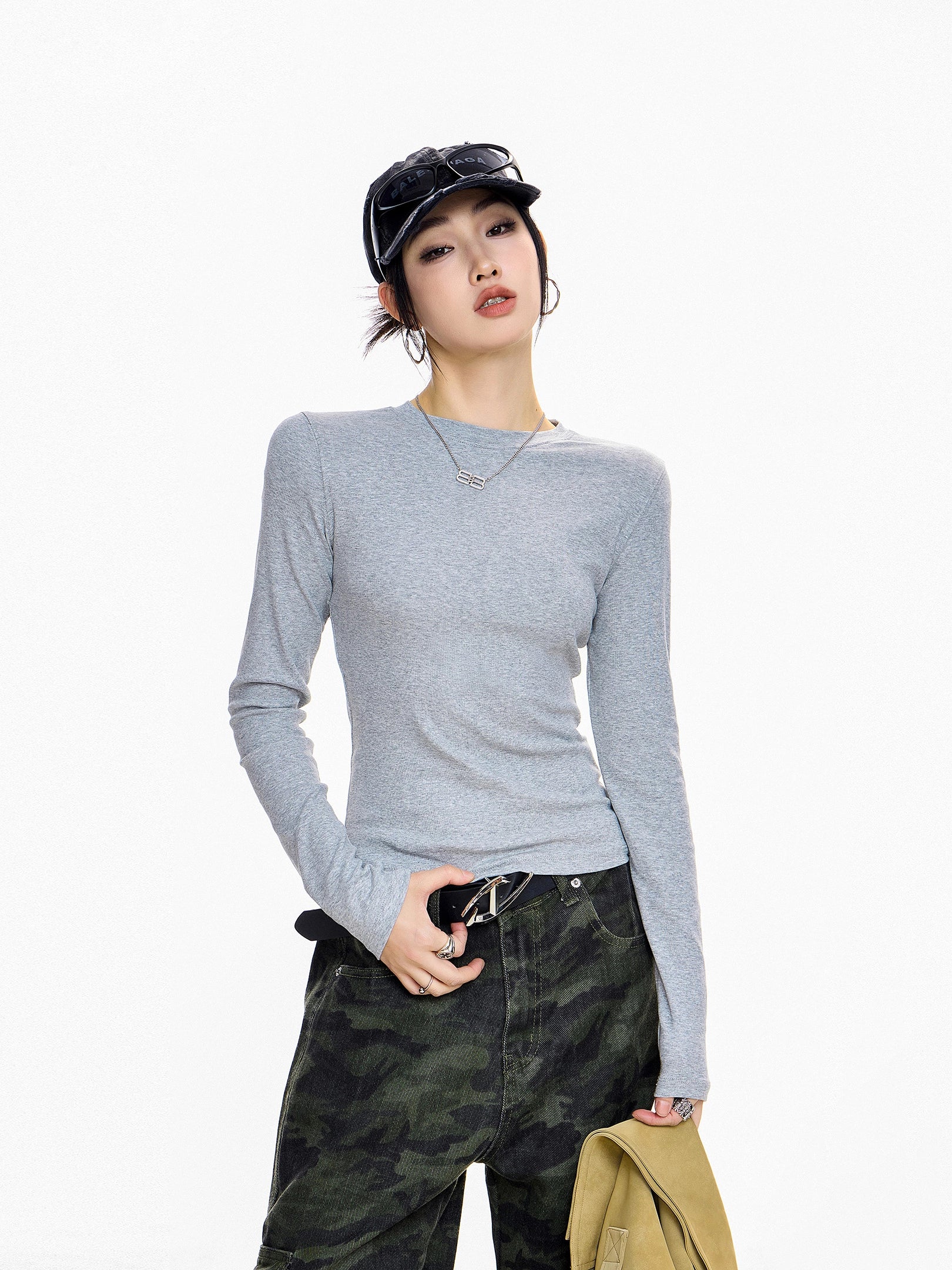 ICH MODE 美式复古正肩长袖T恤女秋冬2025新款修身打底一字肩上衣