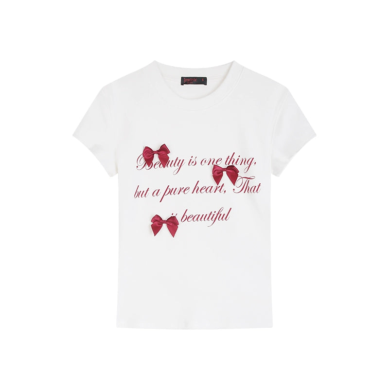 野生zero 白灰色正肩短袖t恤女夏季修身显瘦印花蝴蝶结甜辣小上衣