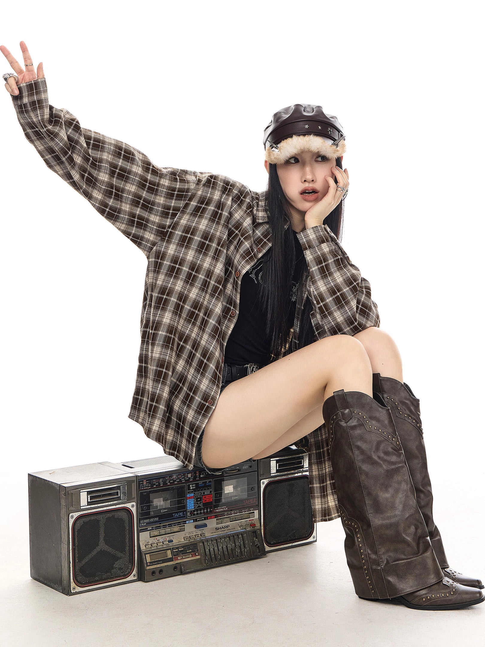 ICH MODE 美式复古休闲格子衬衫女2025新款宽松衬衣外套翻领上衣