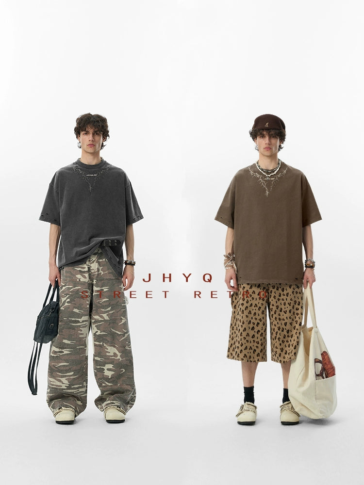 【李沛恩同款】JHYQ美式印花重磅磨毛水洗短袖T恤男宽松破洞五分