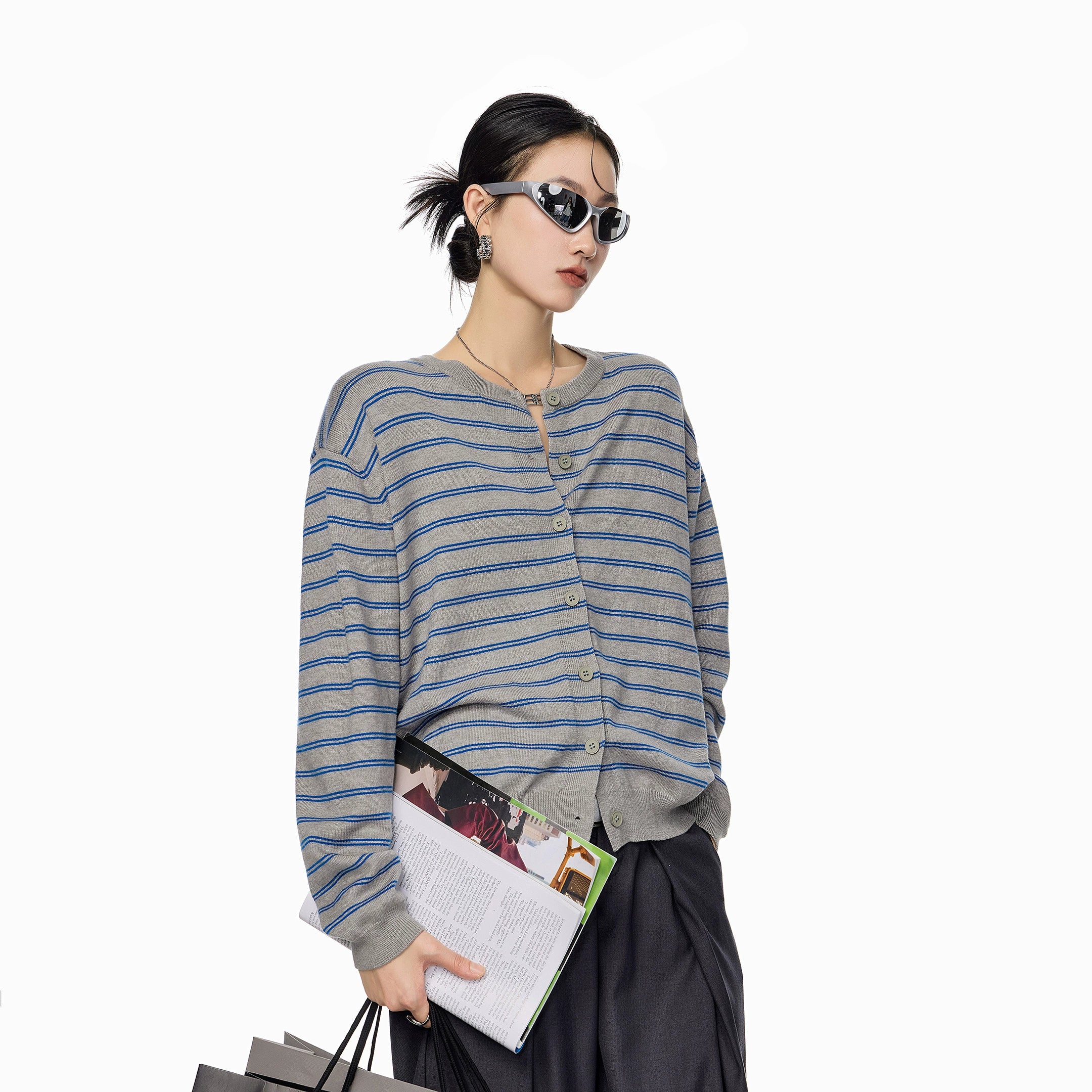 ICH MODE 美式复古条纹针织开衫女秋冬宽松毛衣休闲外搭上衣外套