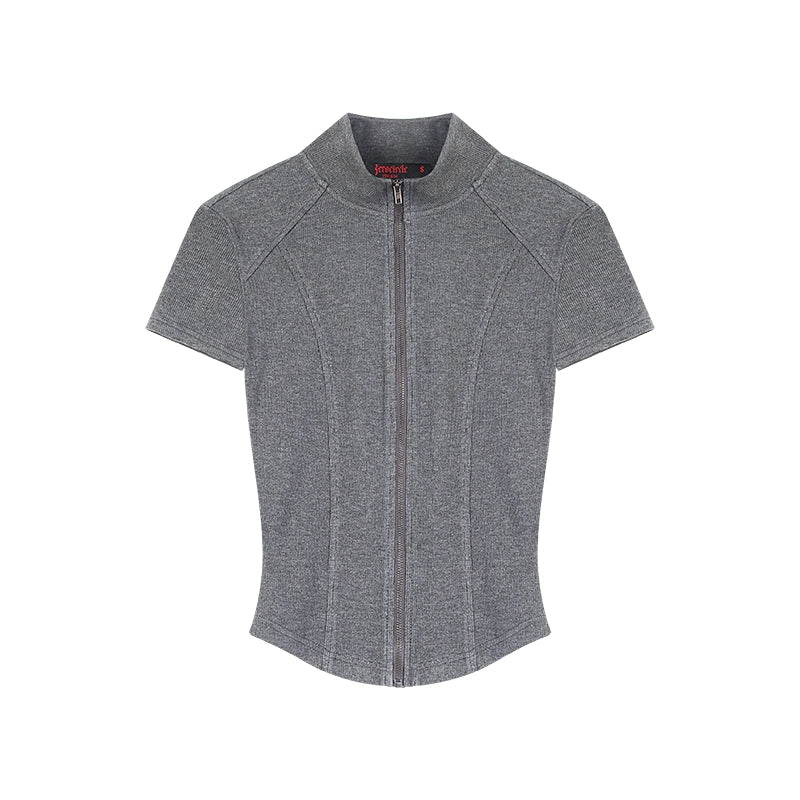 野生zero 黑灰色拉链开衫立领针织上衣女夏季修身显瘦正肩短袖t恤