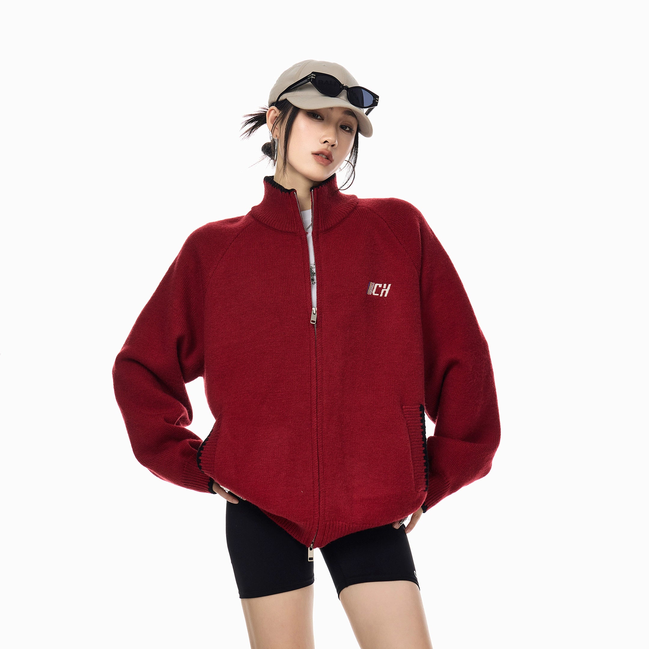 ICH MODE 美式复古撞色立领毛针织开衫女秋冬季宽松慵懒毛衣外套